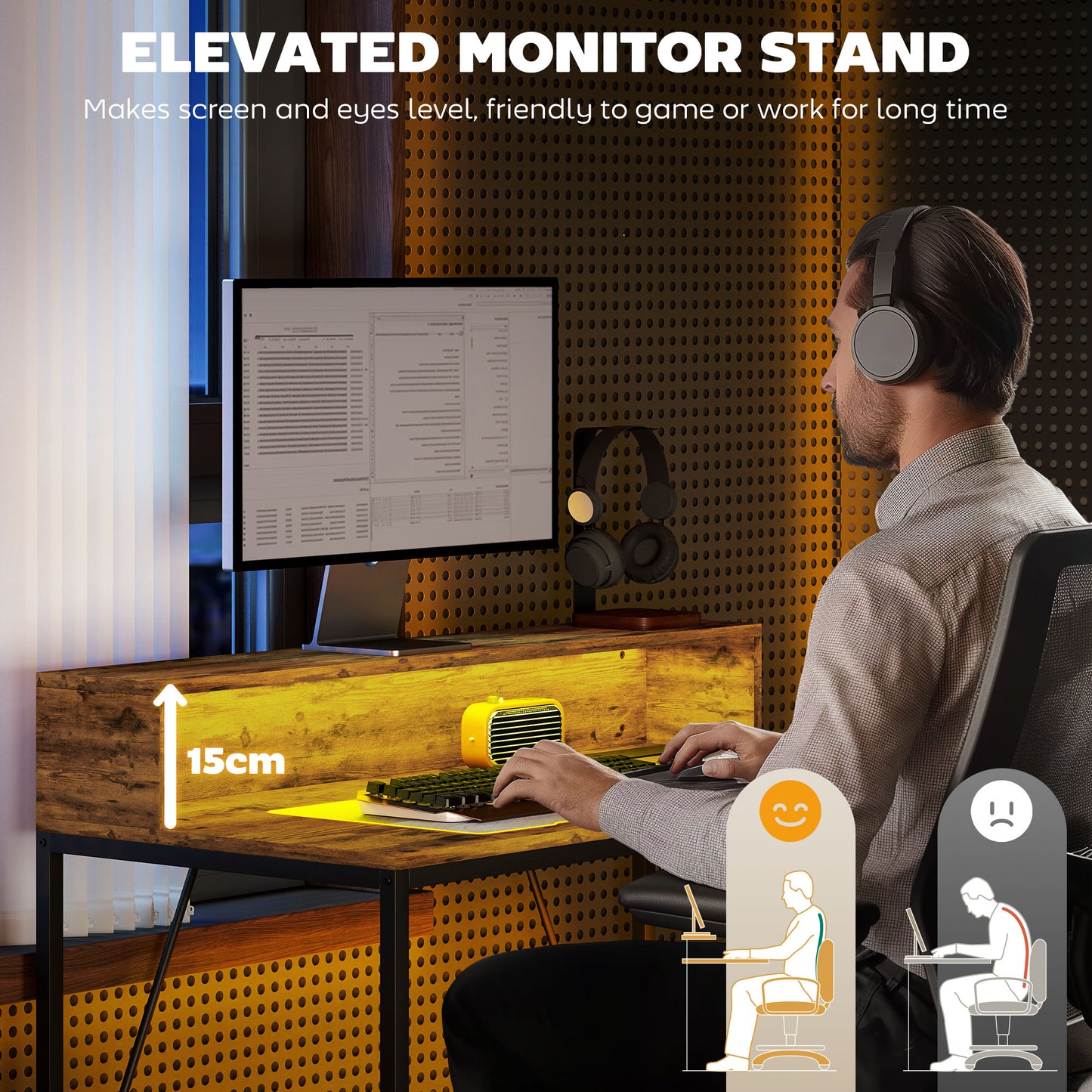 HOMCOM Gaming Desk with LED Lights, Monitor Stand, Power Outlets, Rustic Brown