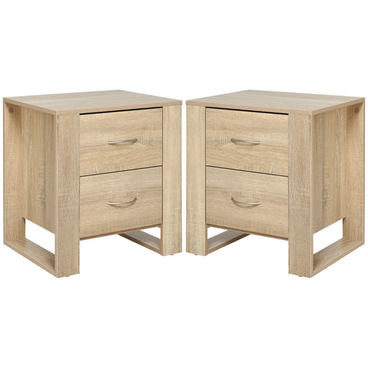 HOMCOM Bedside Table with 2 Drawers, Nightstand with Handles and Elevated Base, Side Table for Bedroom, Living Room, Set of 2, Brown