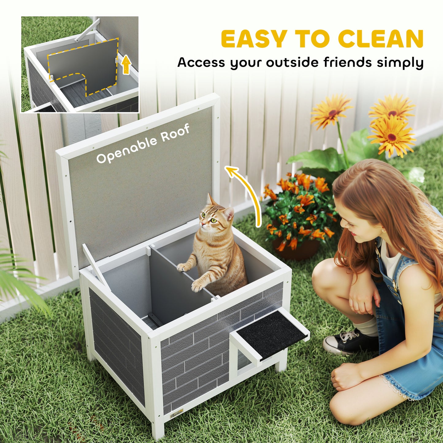 PawHut Outdoor Cat House Insulated with Openable Roof, Weatherproof Feral Cat Shelter for Rabbits, Cats, Grey