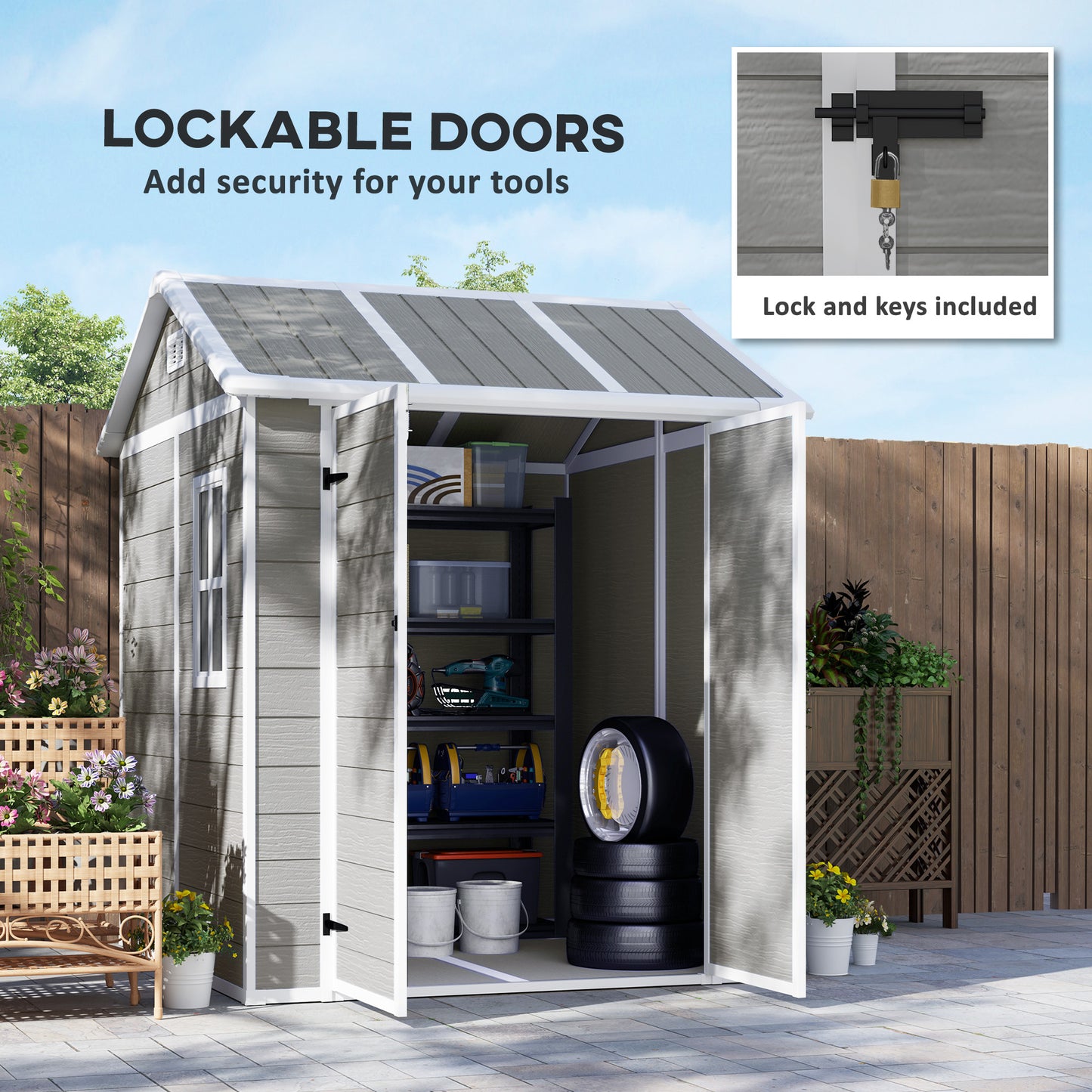 Outsunny 6 x 6ft Garden Shed, Plastic Shed with Floor, Window, Lockable Doors and Vents, Wood Effect Resin Tool Shed for Outdoor Patio, Grey
