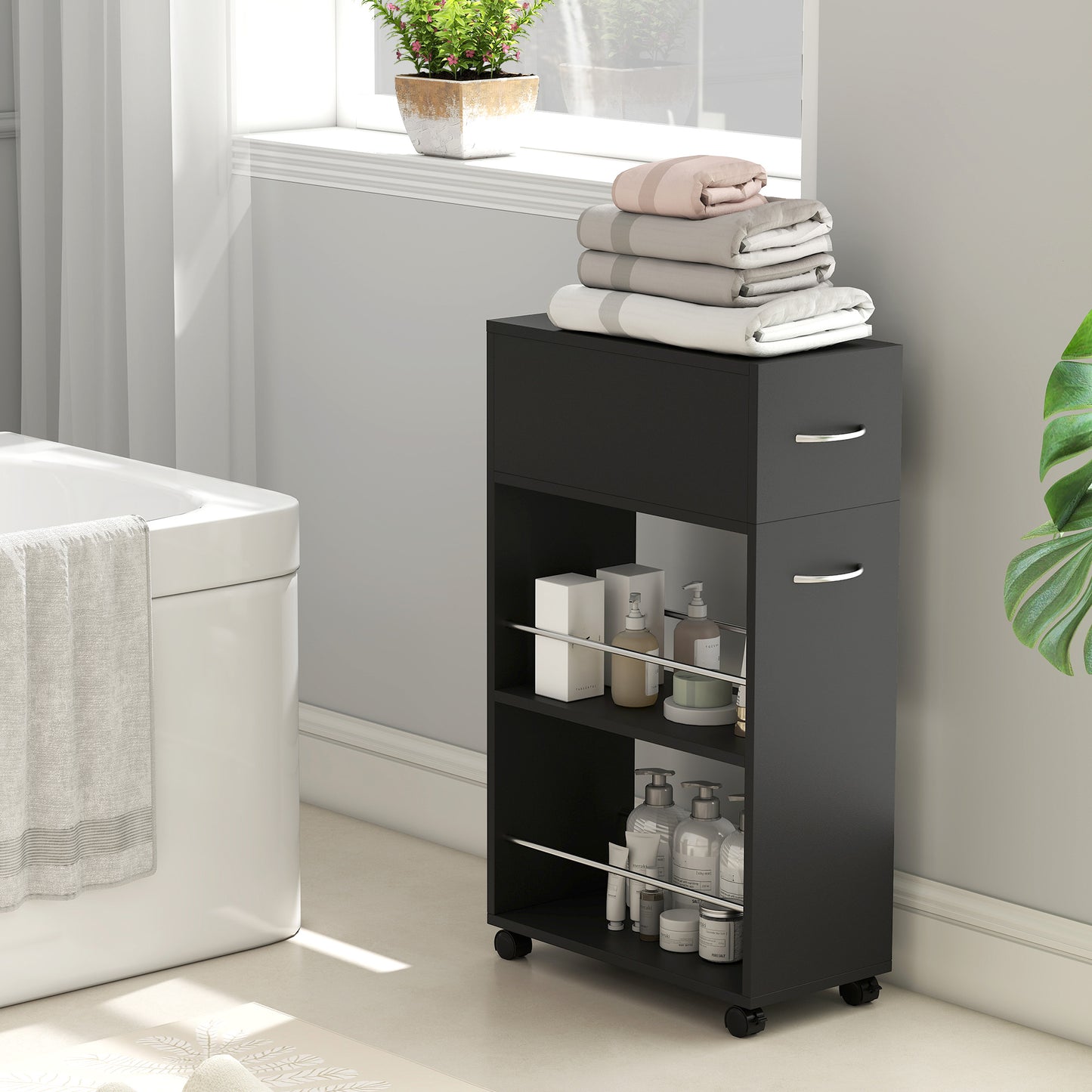 HOMCOM Kitchen serving cart on casters with 1 drawer and 2 open shelves for dining room 25 x 50 x 85 cm Black