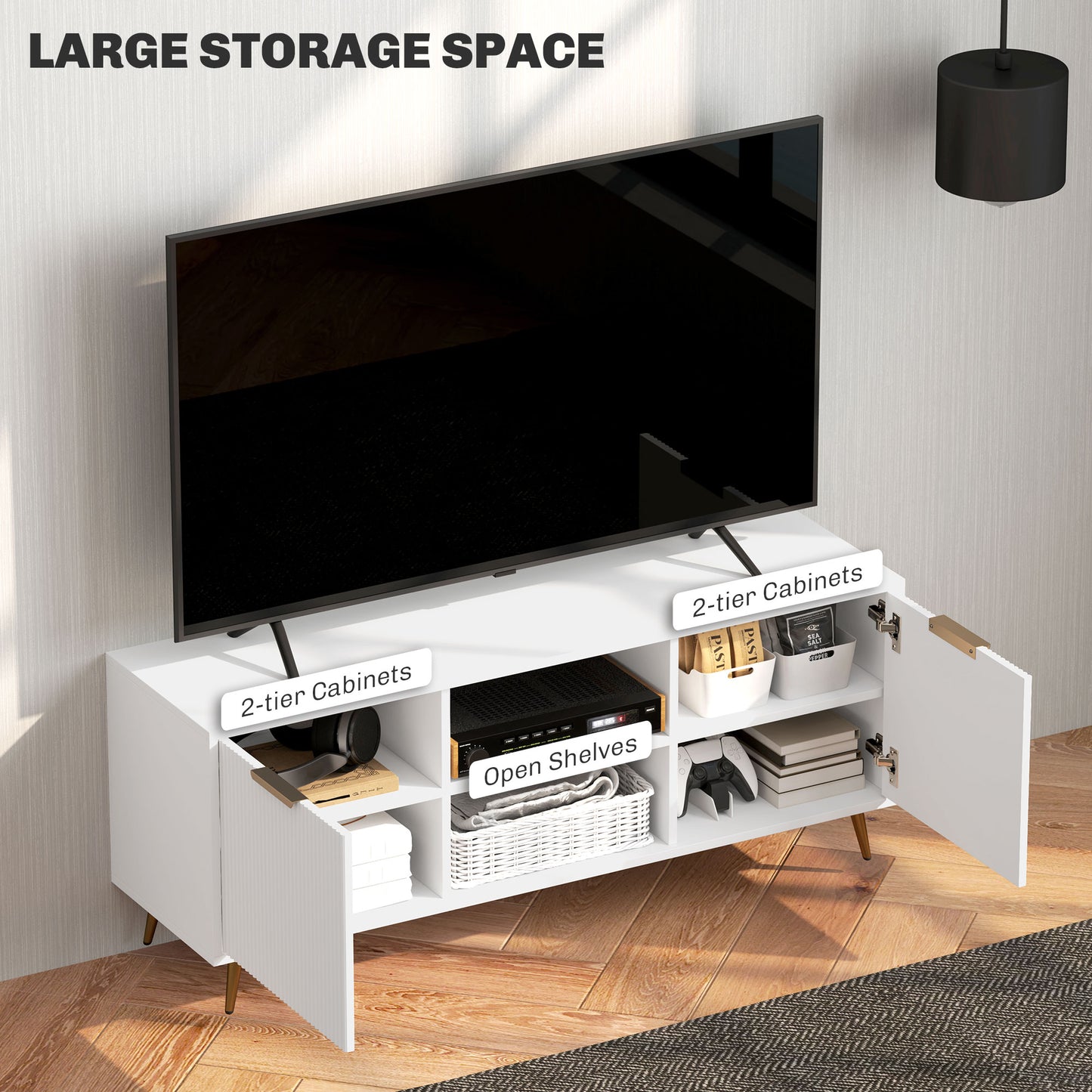 HOMCOM Modern TV Stand, 2 Open Shelves & 2 Cabinets for TVs up to 55", White