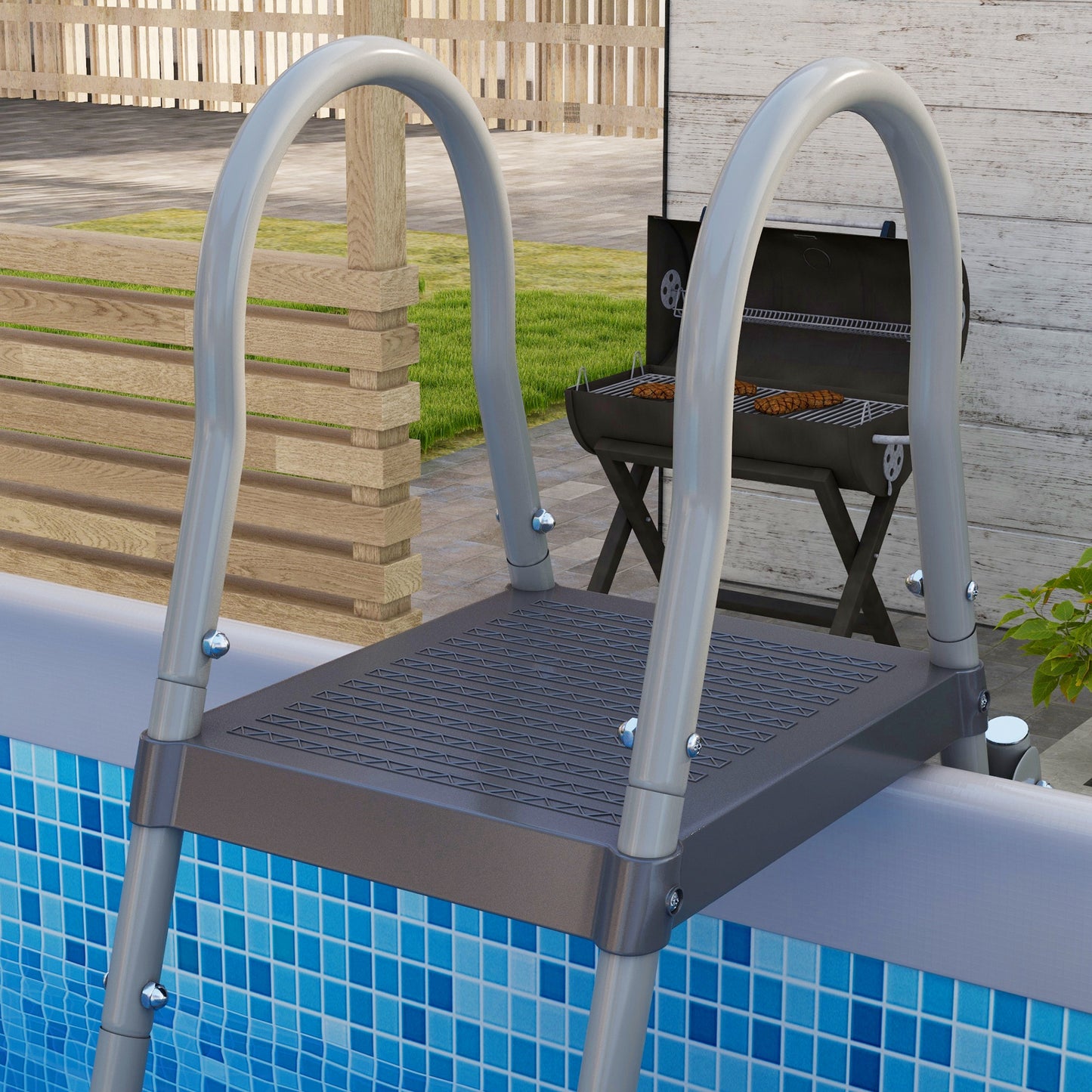 Outsunny Rectangle Steel Frame Swimming Pool with Ladder and Pump - Grey