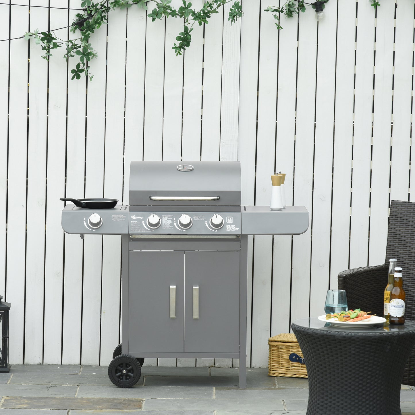 Outsunny 3+1 Burner Gas BBQ Grill, Outdoor Trolley with Wheels, Warming Rack, Side Shelves, Thermometer, Cabinet, 110Lx50Wx100Hcm, Grey