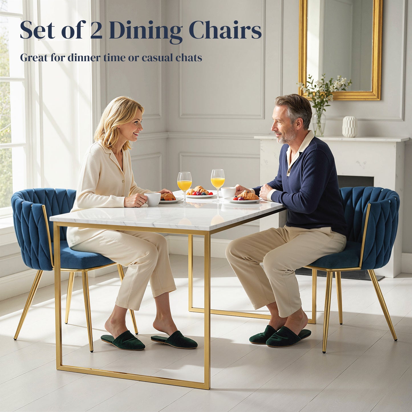 HOMCOM Velvet Dining Chairs Set of 2, Metal Legs Dark Blue