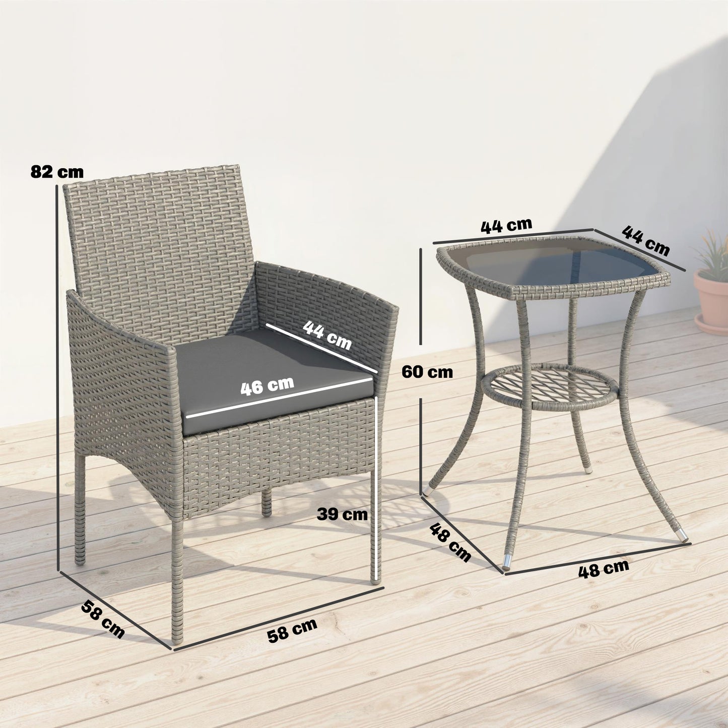 Outsunny 3 Piece Rattan Bistro Set, PE Wicker Garden Furniture Conversation Set with 2 Tier Glass-Top Table, Chairs, Dark Grey