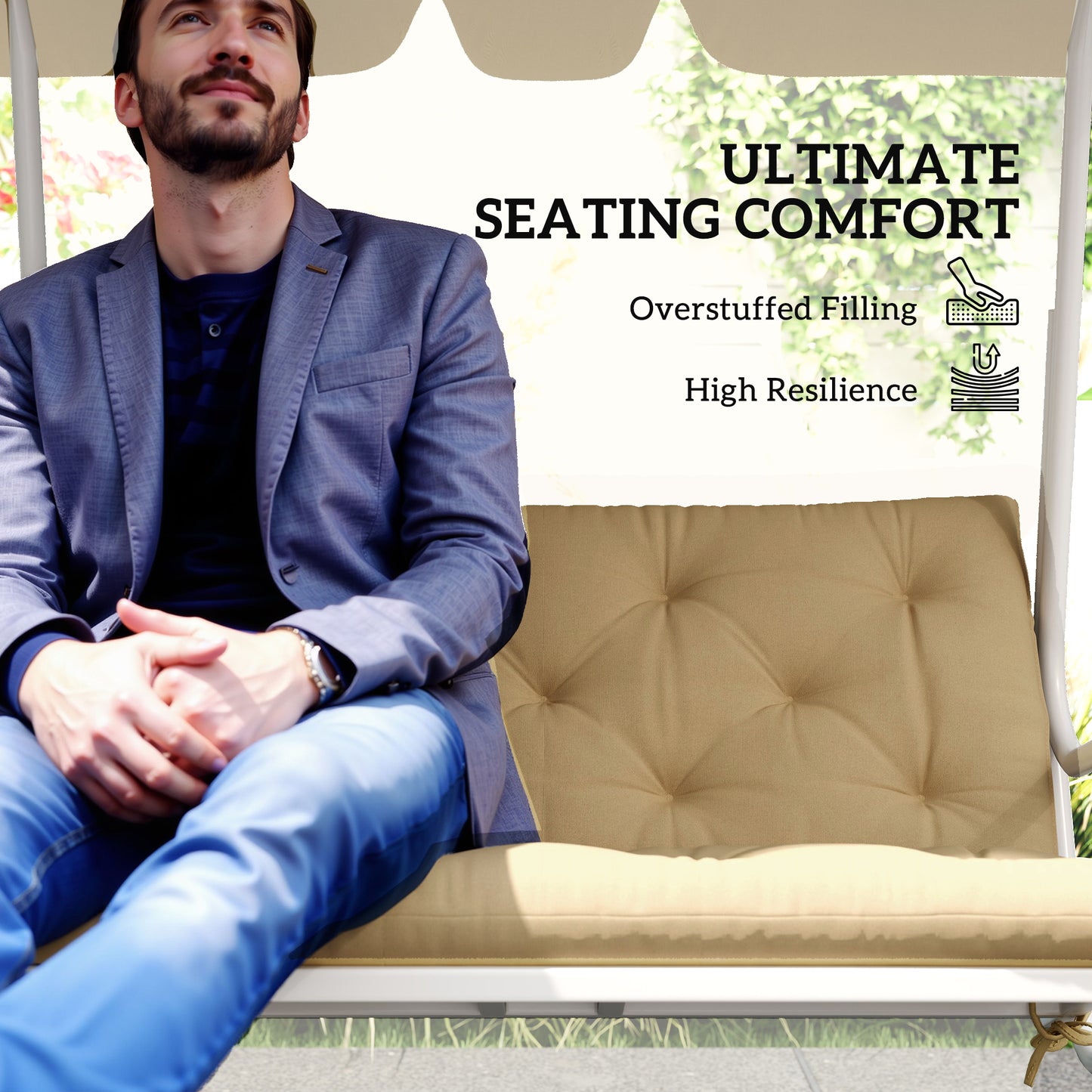 Outsunny 2 Seater Bench Pad, Garden Chair Cushion with Back and Ties for Indoor and Outdoor Use, 98 x 100 cm, Khaki