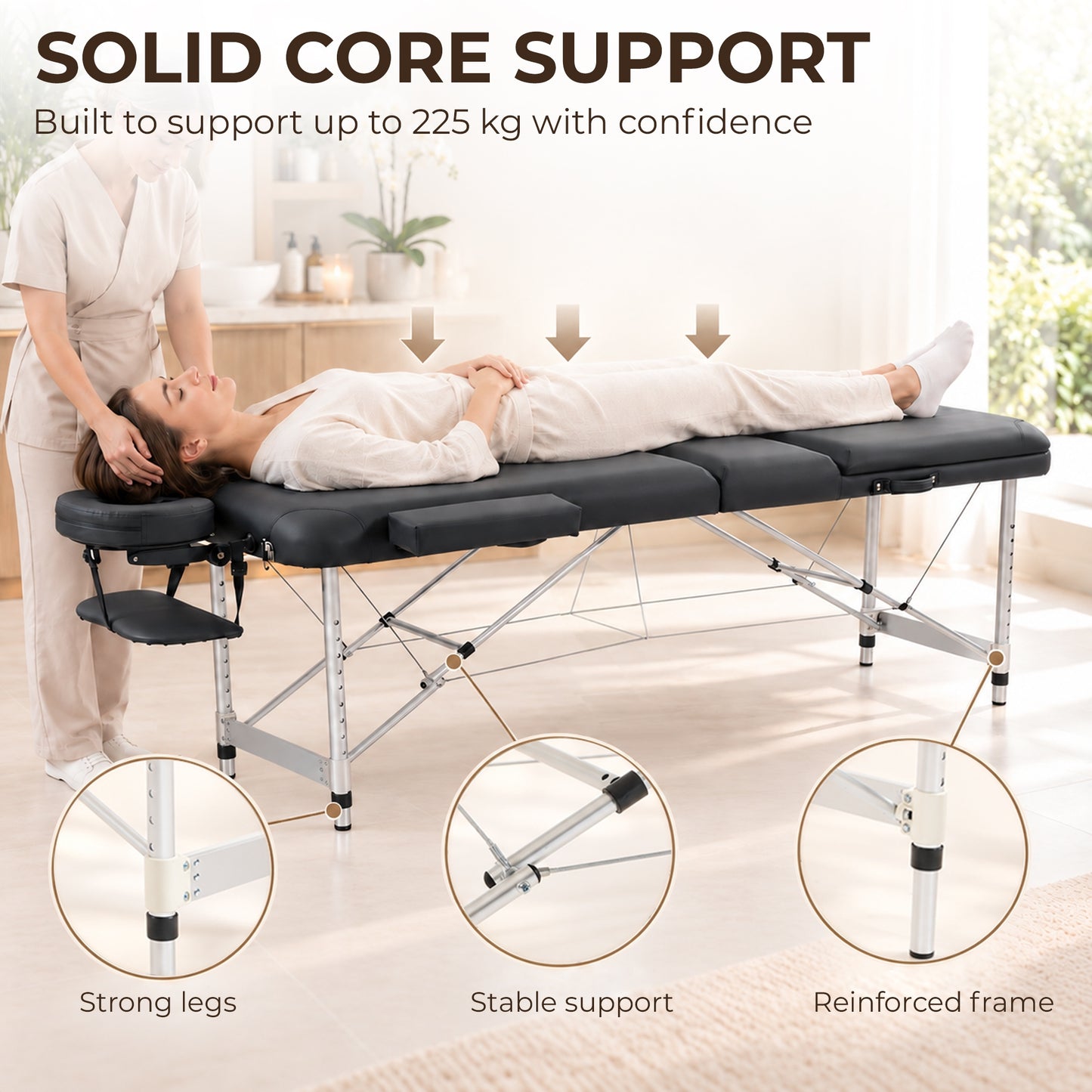 HOMCOM Foldable Massage Bed Portable Table, 3-Section Aluminium Foldable Beauty Couch with Headrest Support, 60 cm Width Black