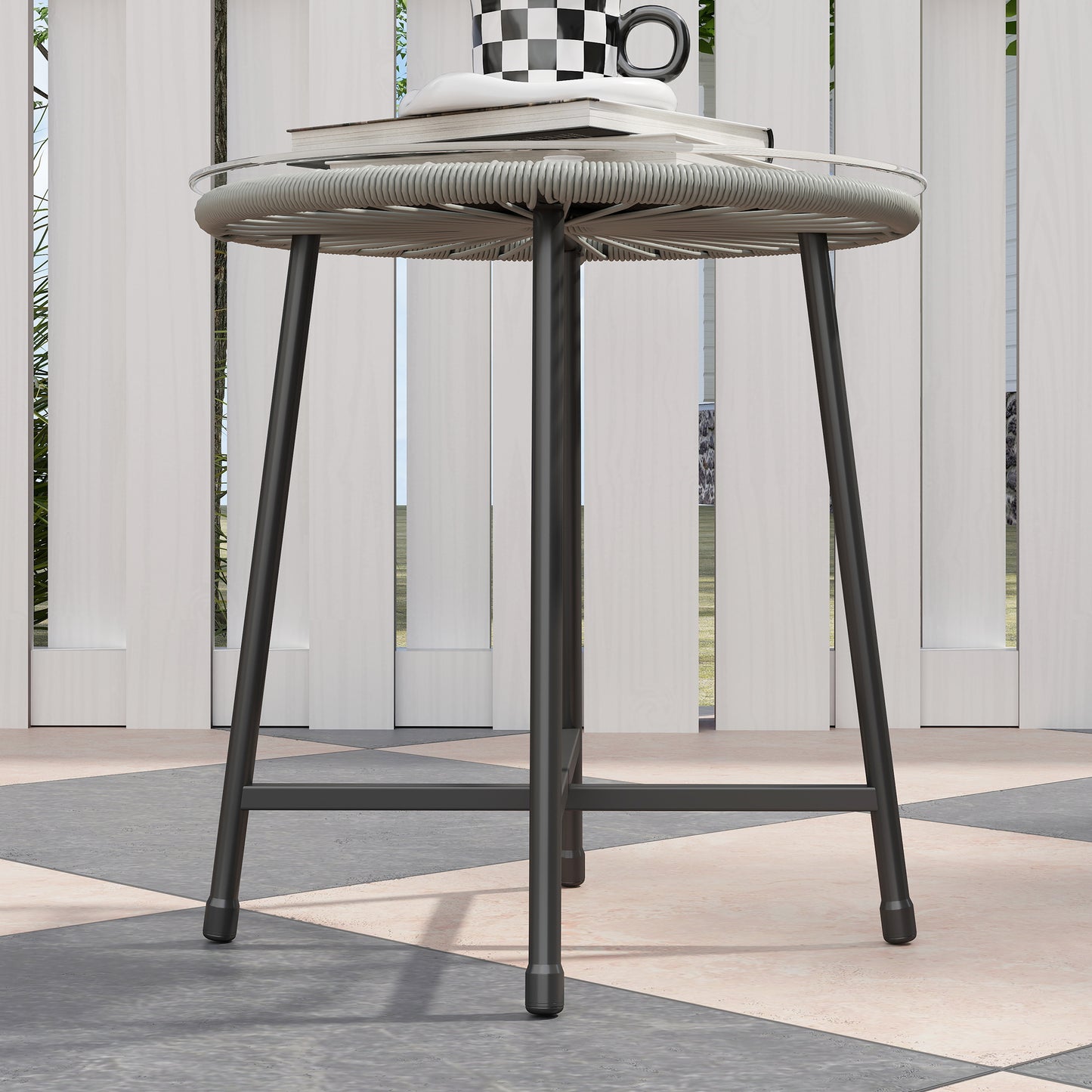 Outsunny 3-Piece Rattan Bistro Set, Garden Table & Chairs with Cushions, Glass Top, Light Grey