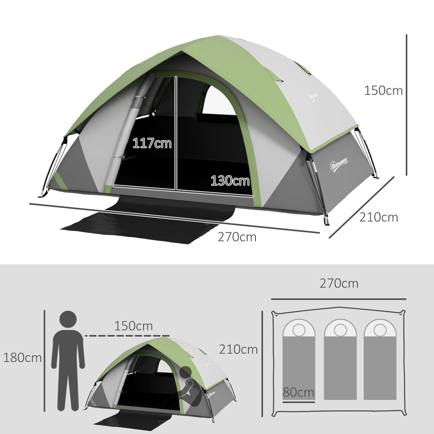 Outsunny 4-5 Man Single Room Camping Tent 3000mm Waterproof with Sewn-in Groundsheet and Carry Bag Grey and Green