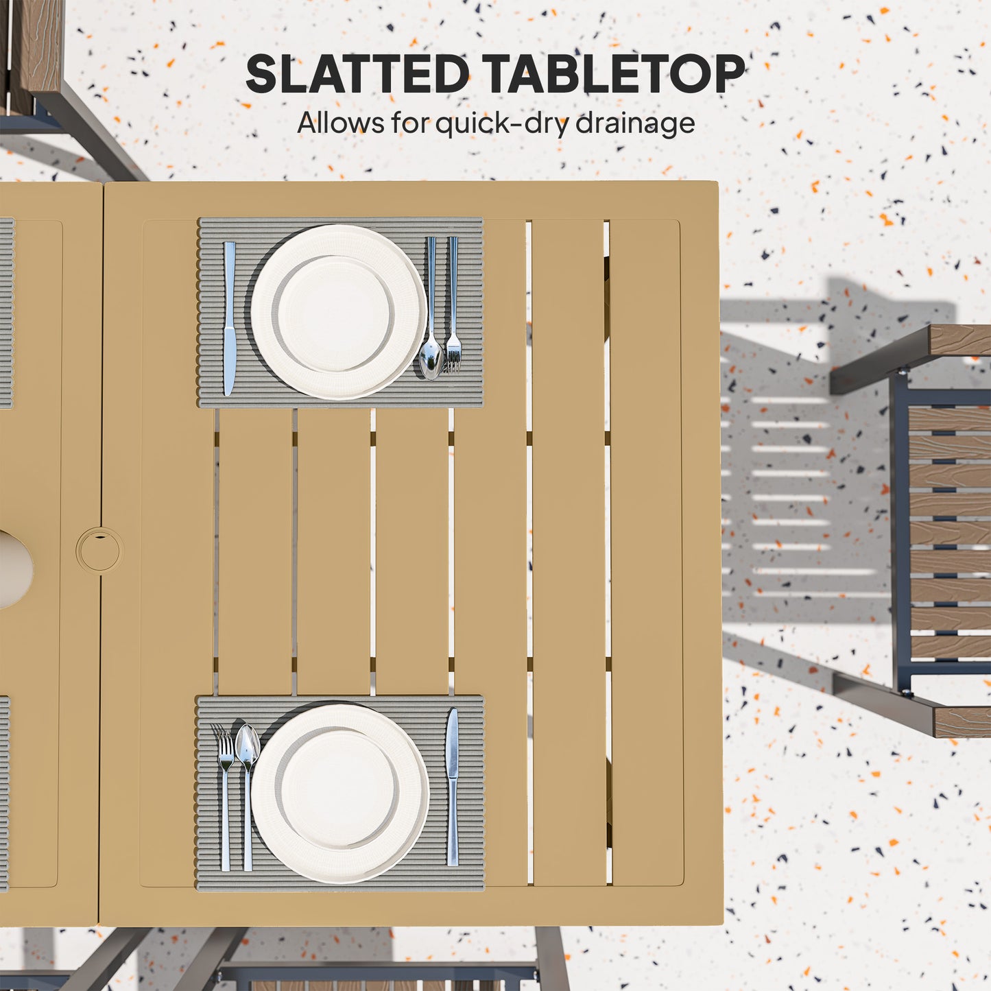 Outsunny Garden Dining Table for 6, Rectangle Outdoor Coffee Table w/ 5cm Parasol Hole, Slatted Top & Steel Frame for Patio/Balcony, Brown