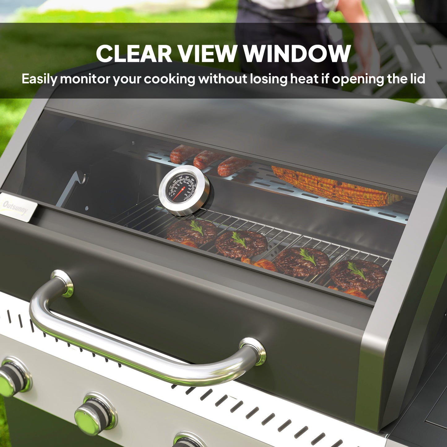 Outsunny 4+1 Burner Gas BBQ Grill, Clear View Lid, Thermometer, Side Table, Cabinet, Wheels, Grease Tray, Garden Outdoor Cooking, Black