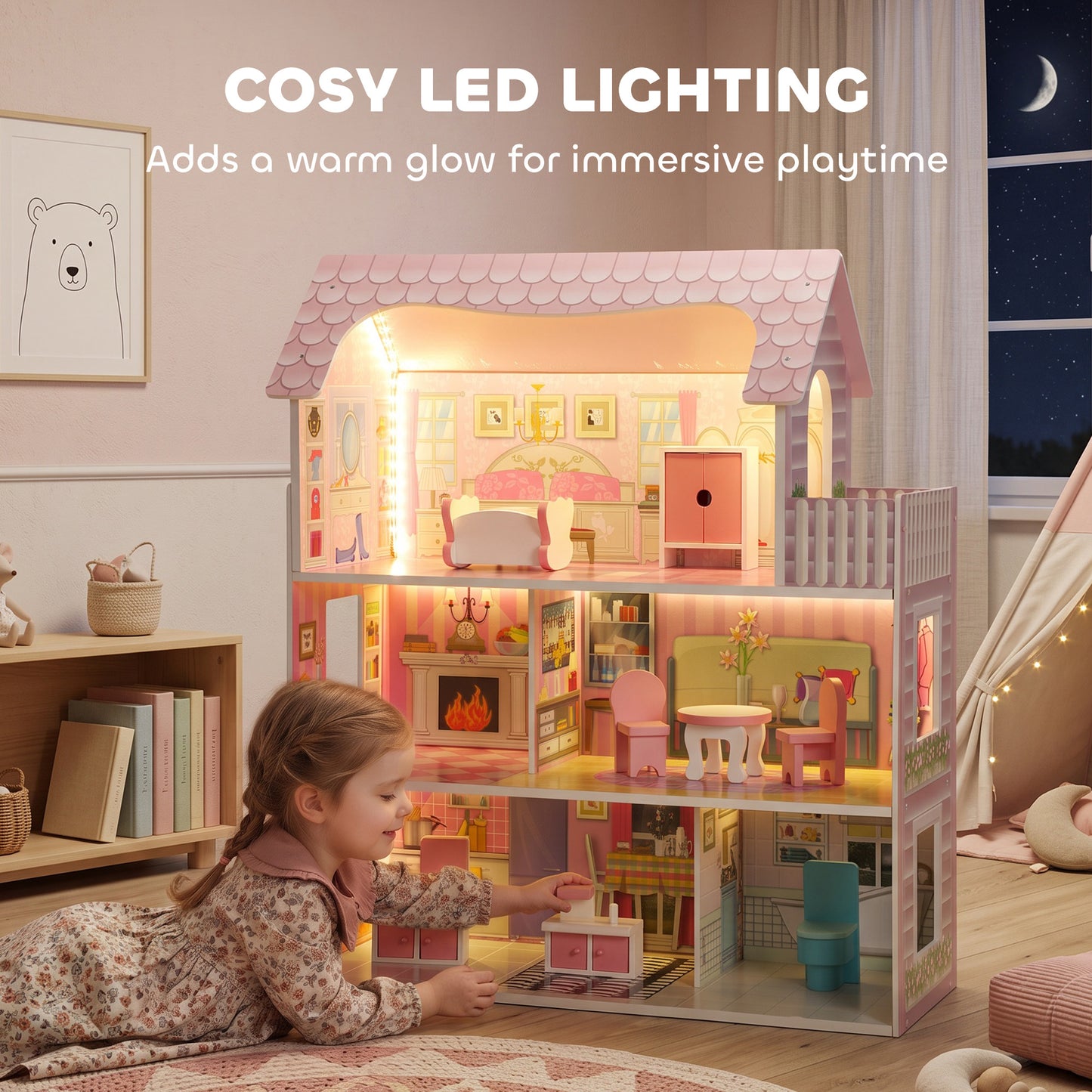 AIYAPLAY Dolls House, 6 Rooms Modern Dollhouse with LED Lights, 8 Furniture Pieces, 3-Level Playhouse Gift for Kids 3-6 Years