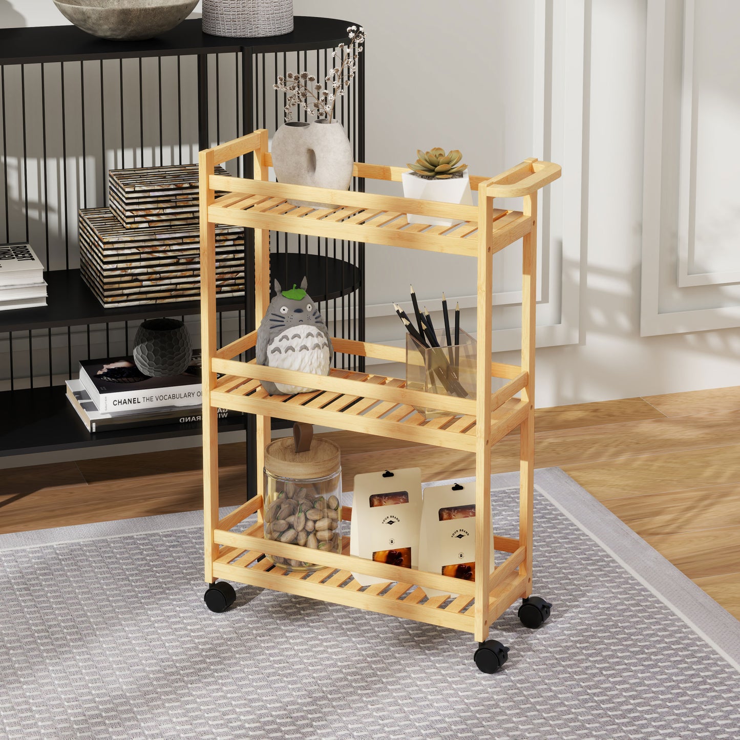 HOMCOM 3-Tier Bamboo Storage Trolley on Wheels with Handle for Kitchen, Office, Bathroom
