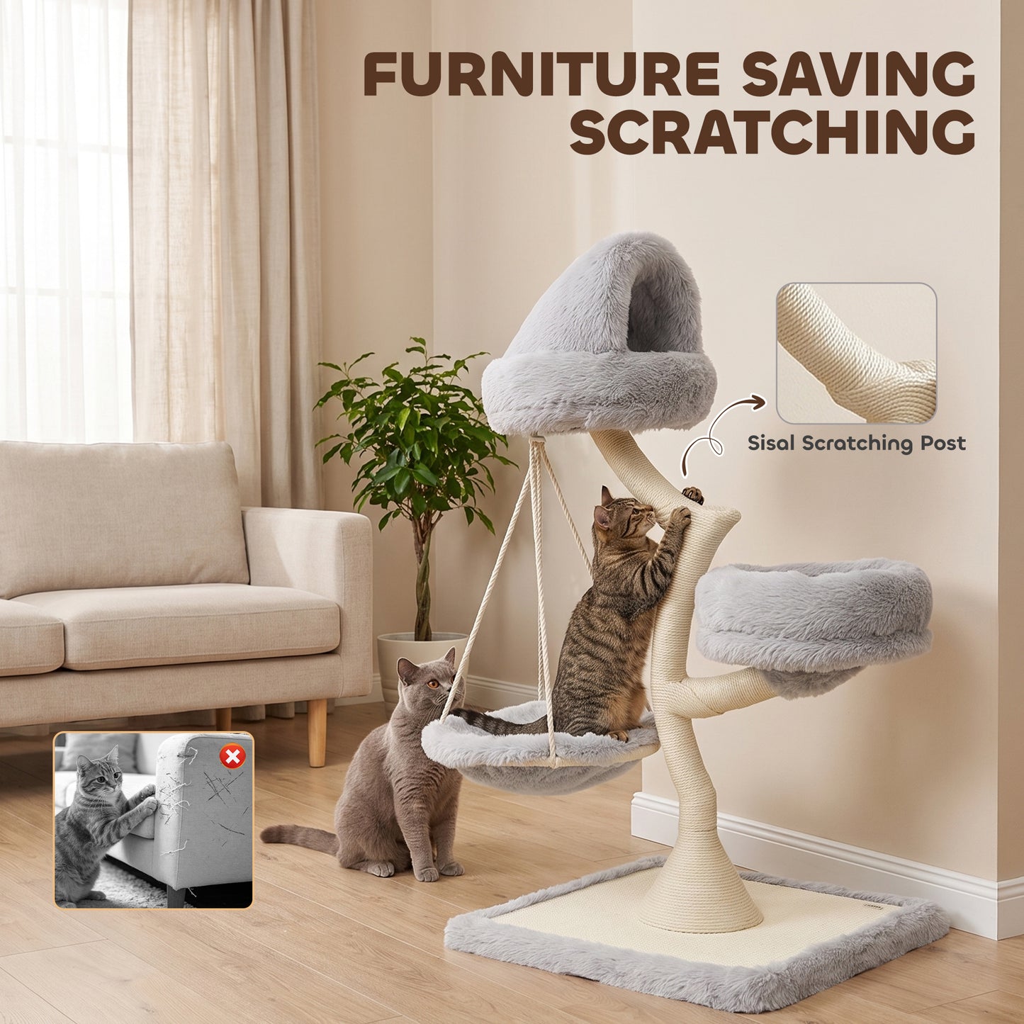 PawHut 115 cm Modern Cat Tree Tower for Large Cats with Sisal Scratching Post, Holds 1 Cat up to 6kg, Machine-Washable Beds