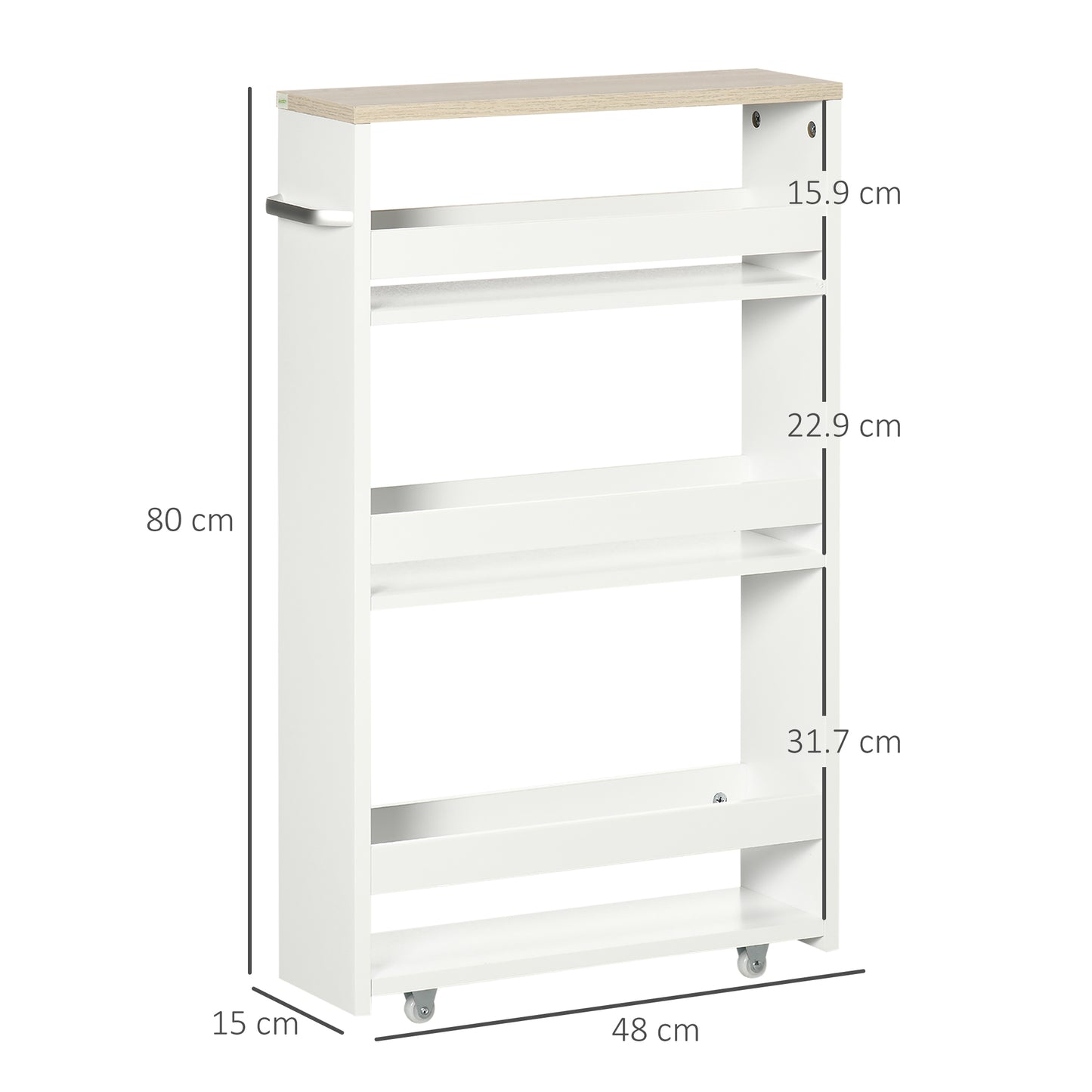 kleankin 3-Tier storage trolley rolling storage cart shelf for narrow kitchen bathroom laundry office with handle - 48 x 15 x 80 cm white