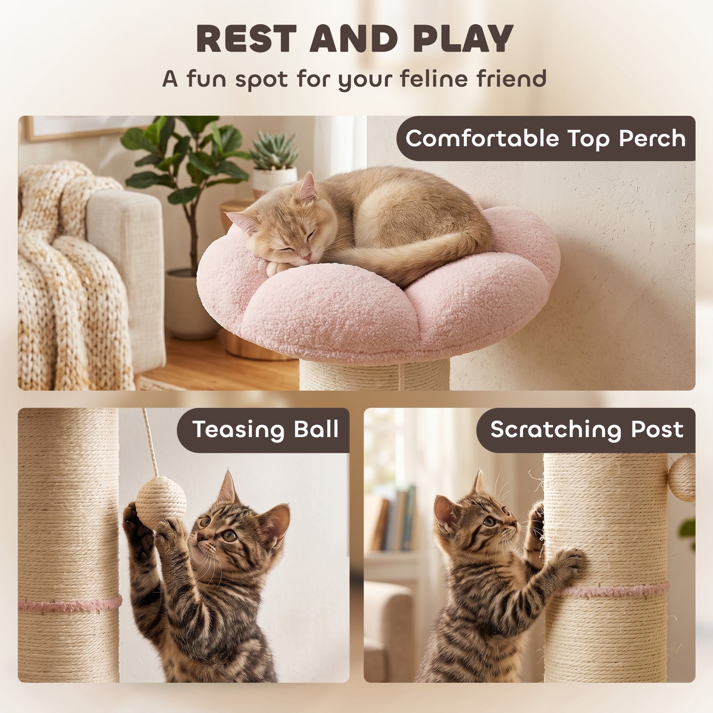 PawHut Cat Tree, Flower Cat Scratching Post with Thick Sisal Post, Dangling & Spring Balls, Bed, Kitty Activity Centre