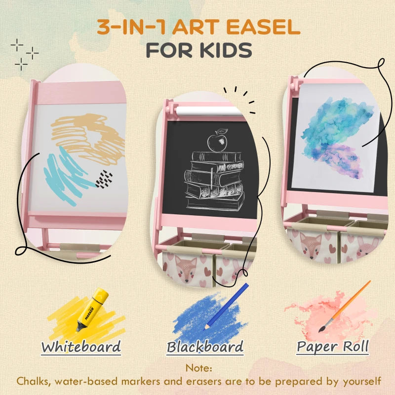 AIYAPLAY Three-In-One Kids Easel with Paper Roll, Art Easel, with Storage - Pink