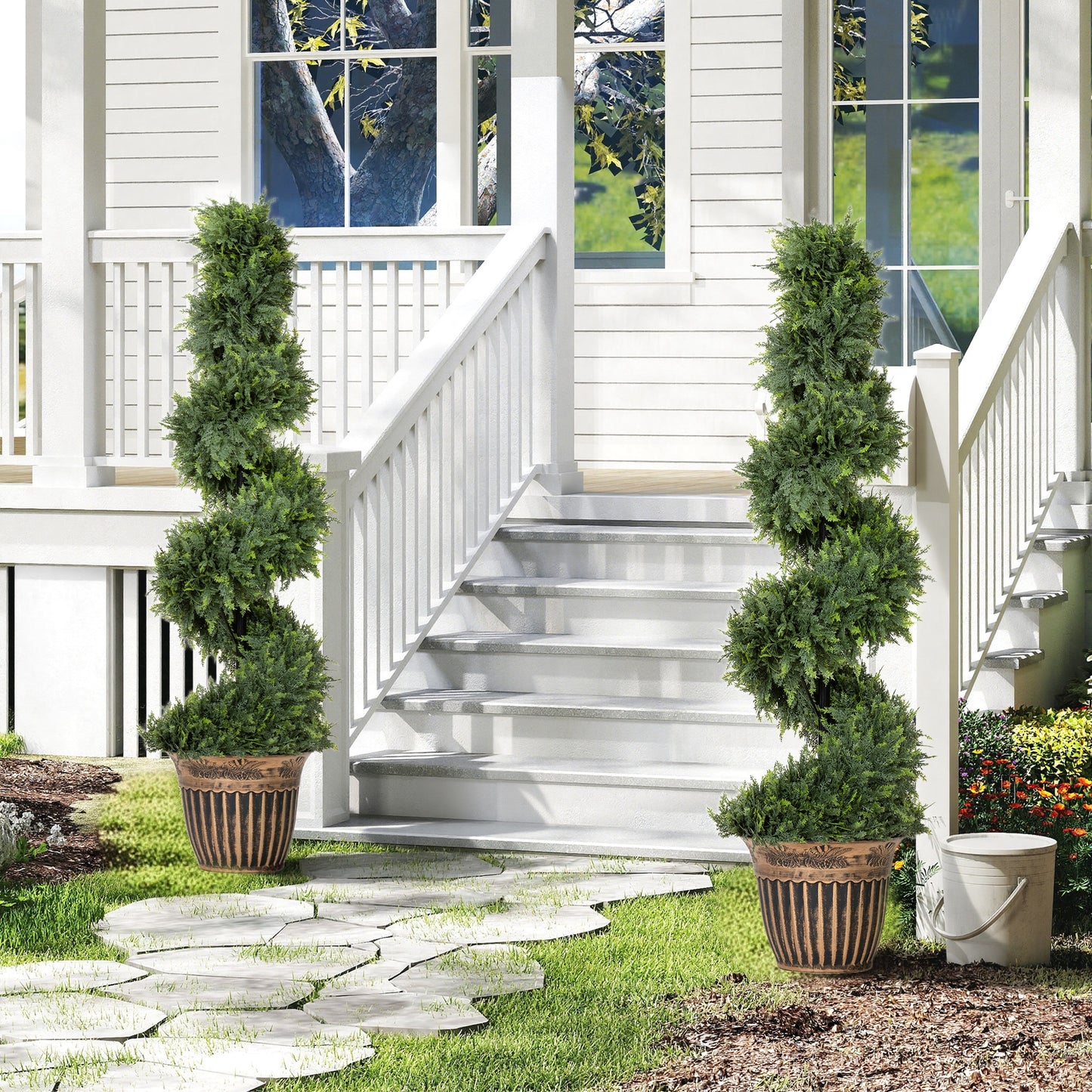 HOMCOM Set of 2 Artificial Plants, Topiary Spiral Cypressd Trees with Pot, for Home Indoor Outdoor Decor, 120cm