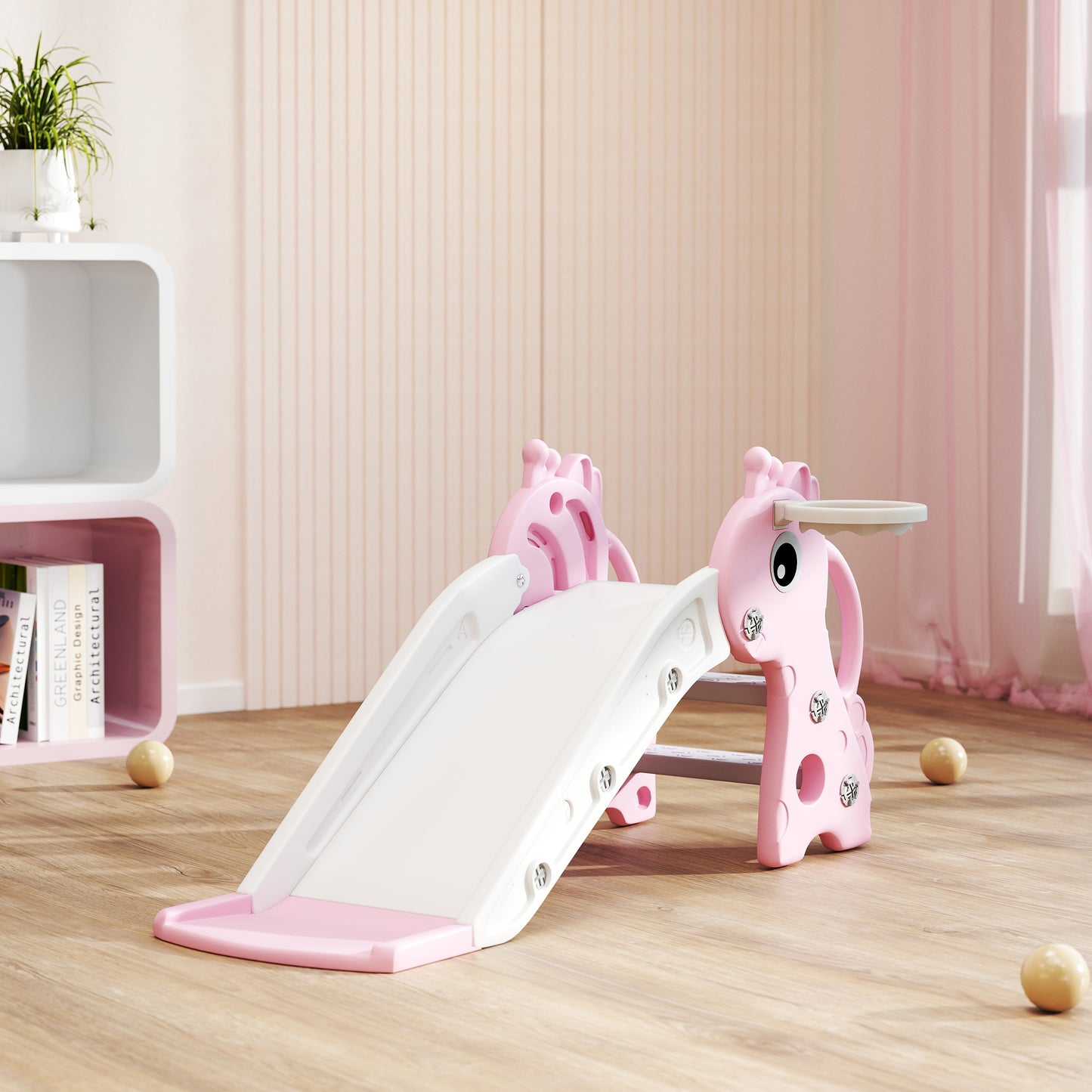 AIYAPLAY 3 in 1 Kids Slide with Climber, Basketball Hoop and Ball, Giraffe Shape Climber Slide for Indoor Kids Age 1-3, Pink