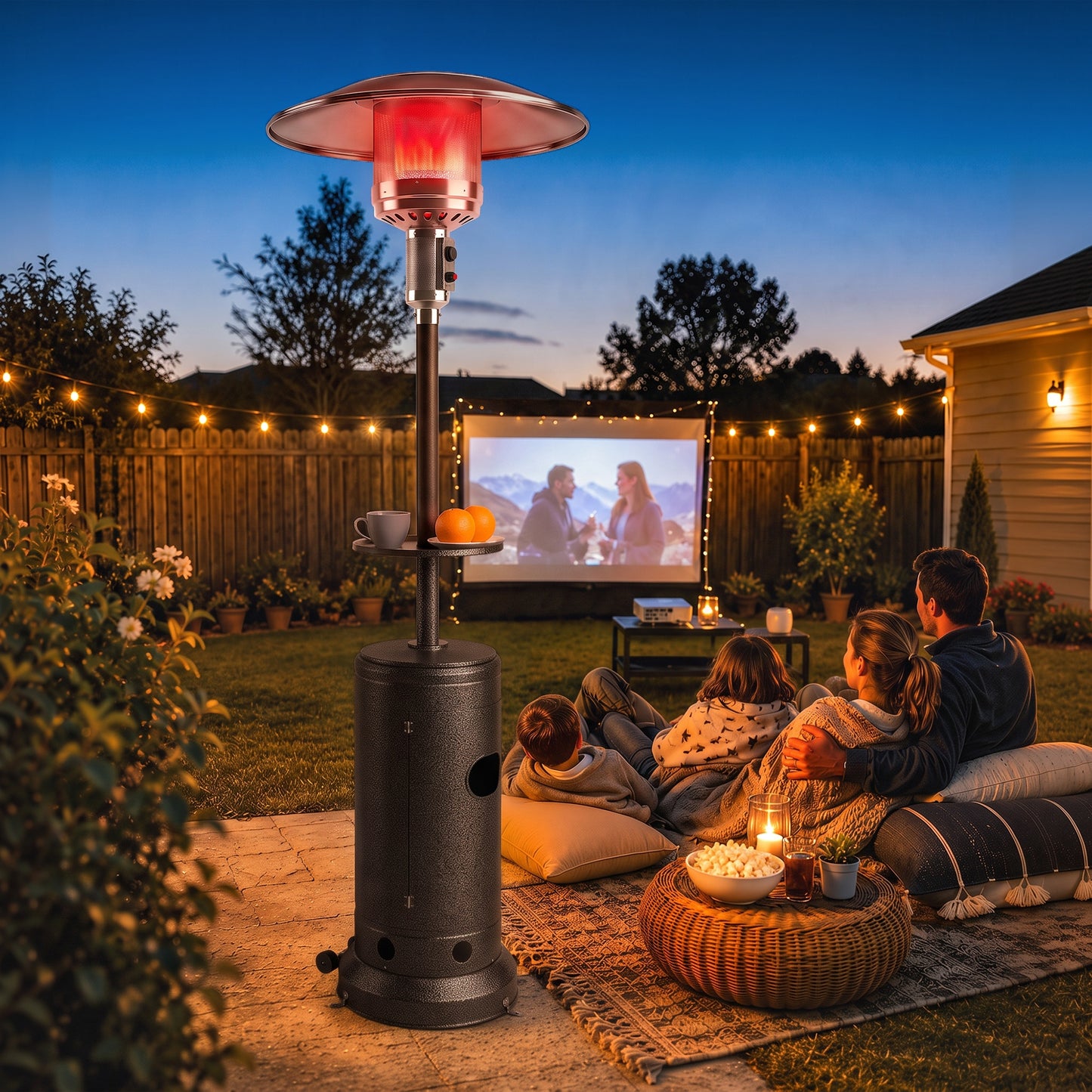 Outsunny Gas Patio Heater with Table Tray, 13 kW Portable Propane Outdoor Heater with Piezo Ignition, Tip-over Protection, Brown