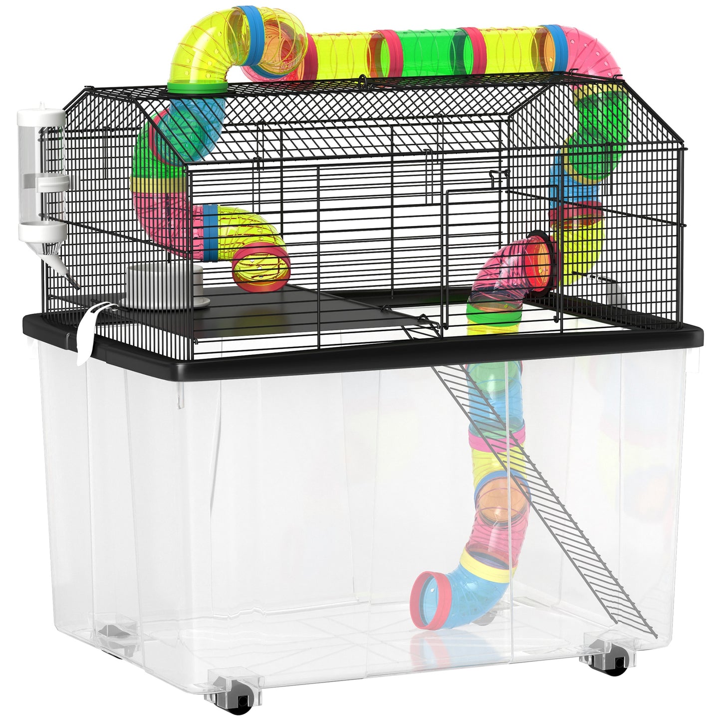 PawHut 2 Tier Hamster Cage with 31cm Deep Tray, Tube System, Water Bottle, Ramp, Feeding Bowl, 58 x 43 x 57cm, Multicolour