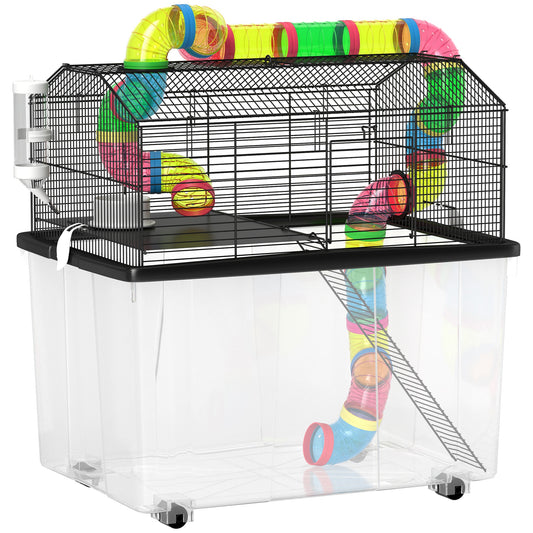 PawHut 2 Tier Hamster Cage with 31cm Deep Tray, Tube System, Water Bottle, Ramp, Feeding Bowl, 58 x 43 x 57cm, Multicolour