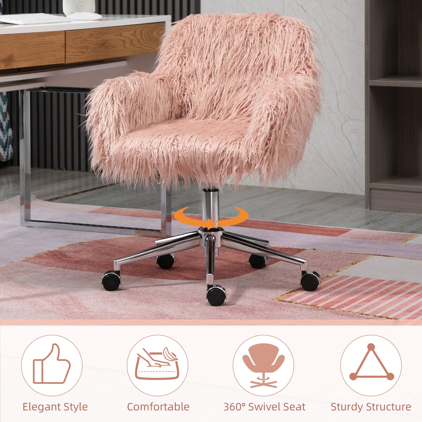 Vinsetto Faux Fur Desk Chair, Rolling Swivel Makeup Chair with Adjustable Height, Armrets for Home Office, Bedroom, Pink