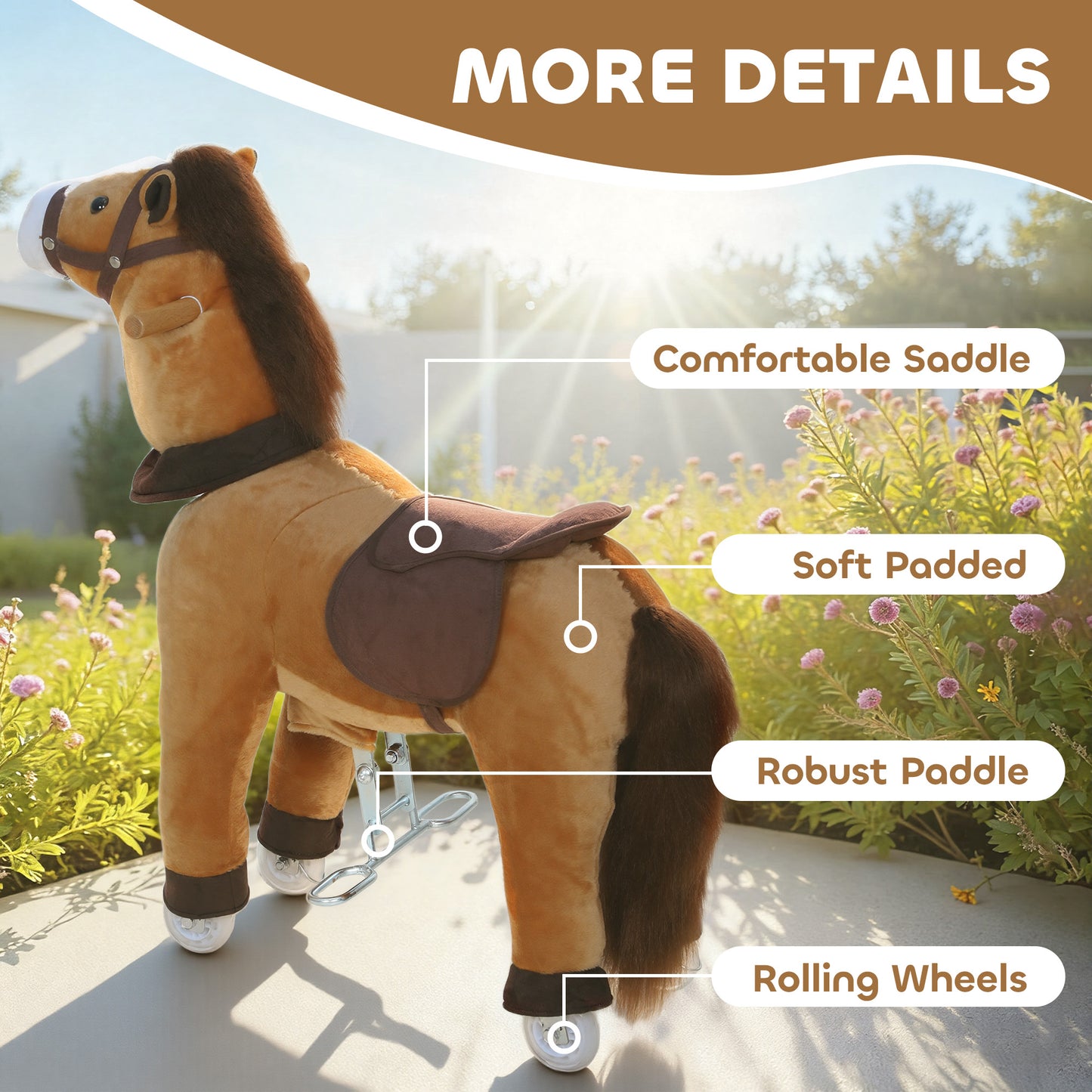 AIYAPLAY Ride On Horse, Plush Walking Horse Toy with Wheels and Saddle for Ages 3-5 Years Old, Dark Brown