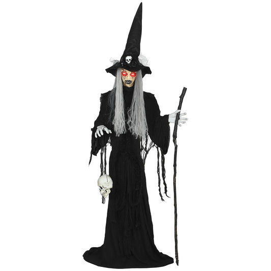 Outsunny 170cm Halloween Animated Witch & Staff, LED Eyes, Spooky Battery Operated Decoration, Indoor Party Prop, Life Size, Black
