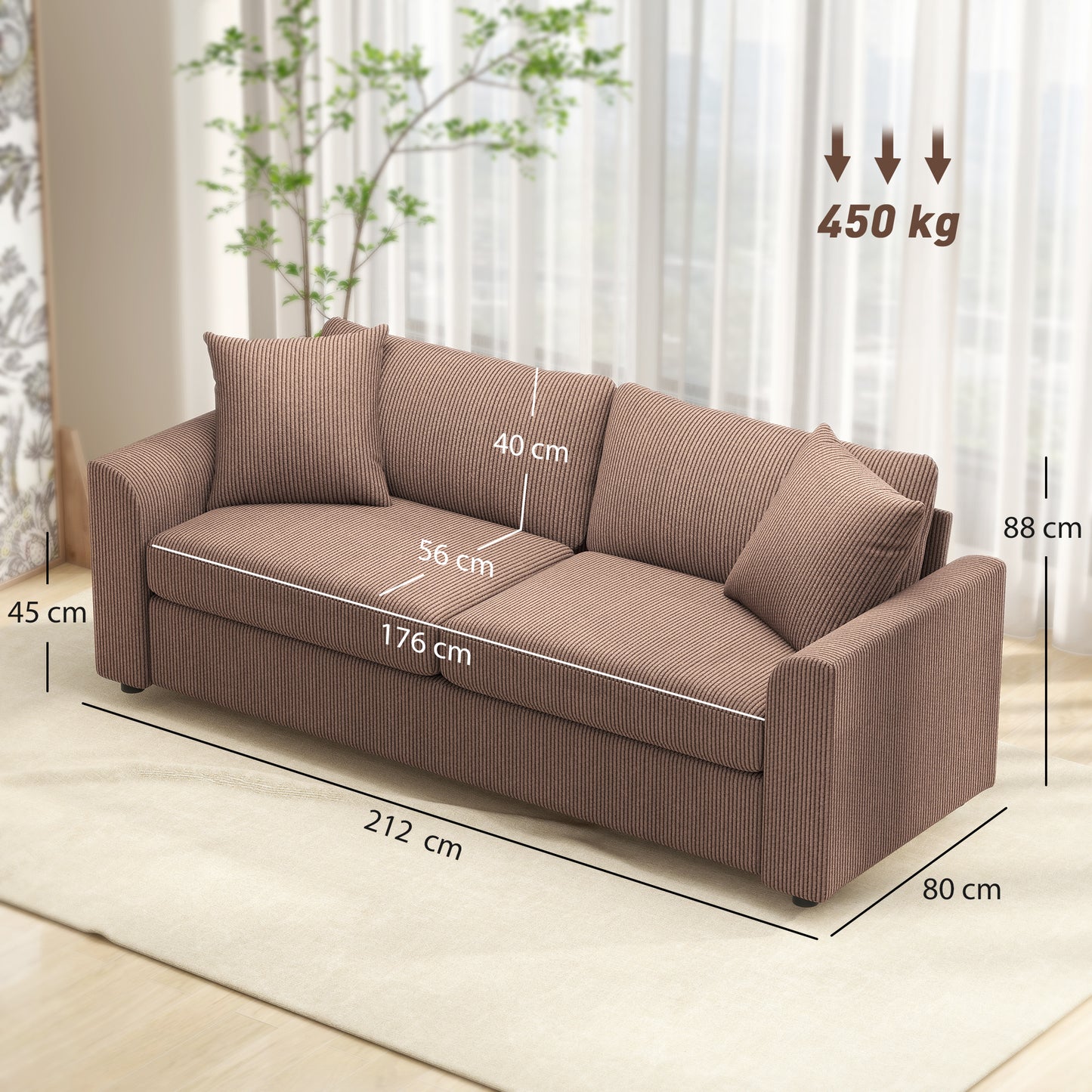 HOMCOM 3 Seater Fabric Jumbo Cord Sofa, Upholstered Corduroy Settee with Spring and Scatter Cushions for Living Room, Coffee