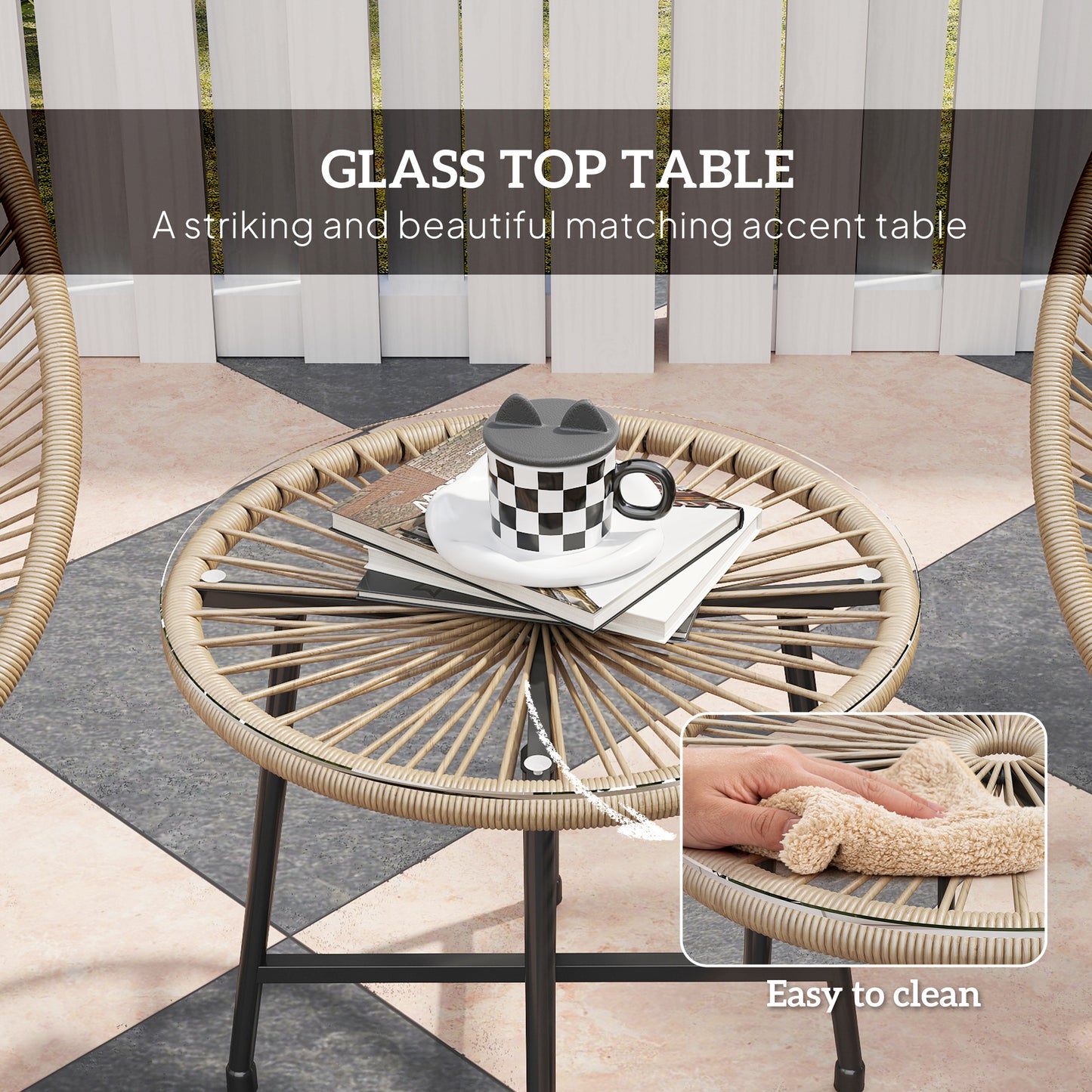 Outsunny 3-Piece Rattan Bistro Set, Reinforced Metal Frame, Acapulco Chairs & Glass Table for Patio, Balcony, Outdoor Garden Furniture, Natural