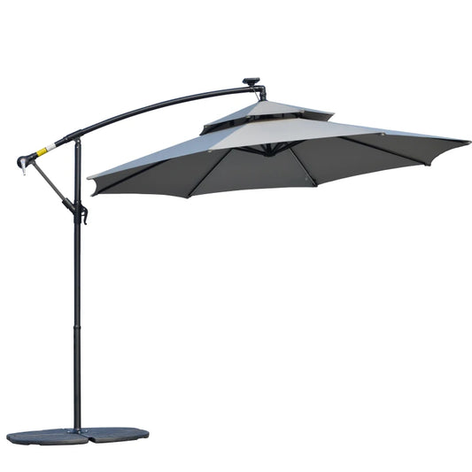 Outsunny 3m Cantilever Banana Parasol Hanging Umbrella with Double Roof, LED Solar lights, Crank, 8 Sturdy Ribs and Cross Base for Outdoor, Garden, Patio, Light Grey