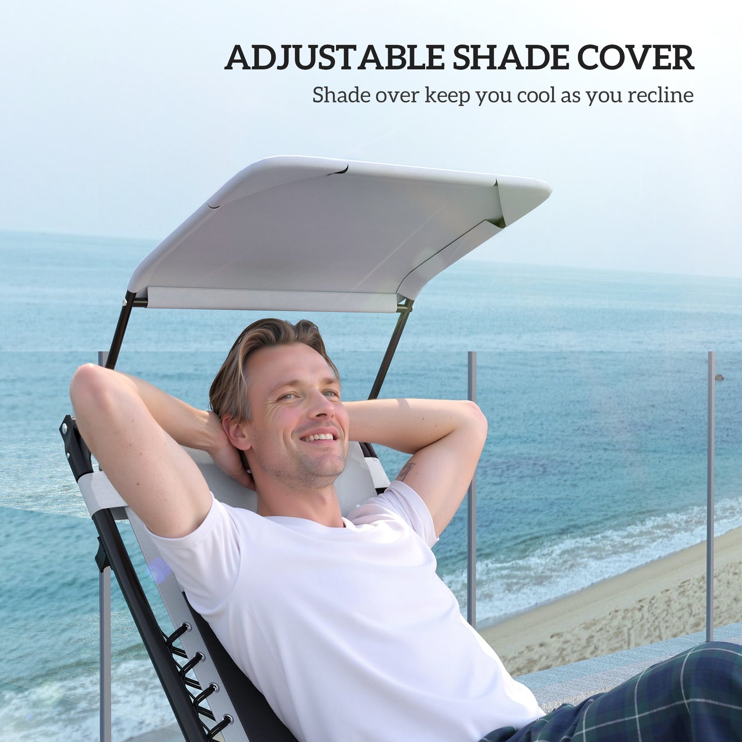 Outsunny Set of 2 Zero Gravity Lounger Chairs, Folding Recliners with Shade, Cup Holder, Cushion, Light Grey