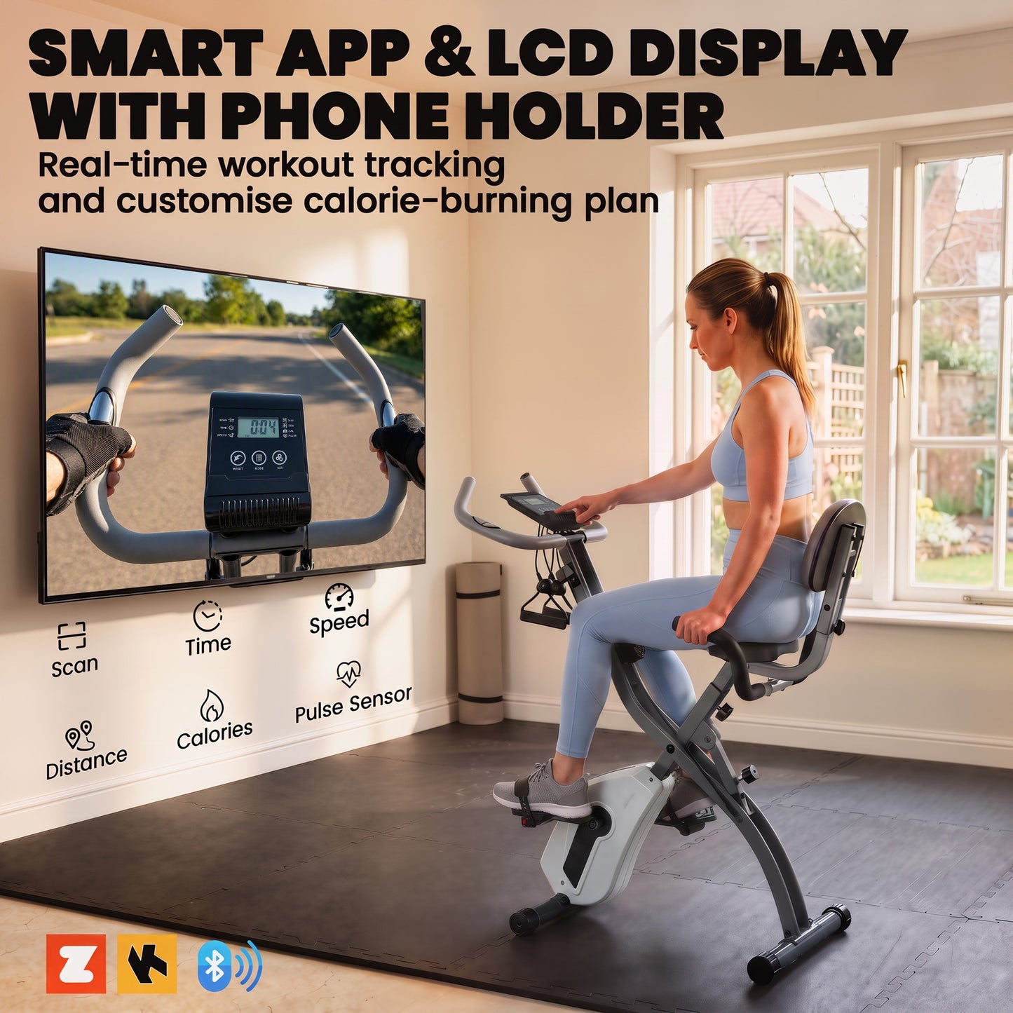 SPORTNOW 4-In-1 Folding Exercise Bike with Resistance Bands, Bluetooth App, 8-Level Magnetic Resistance, LCD Display, Grey
