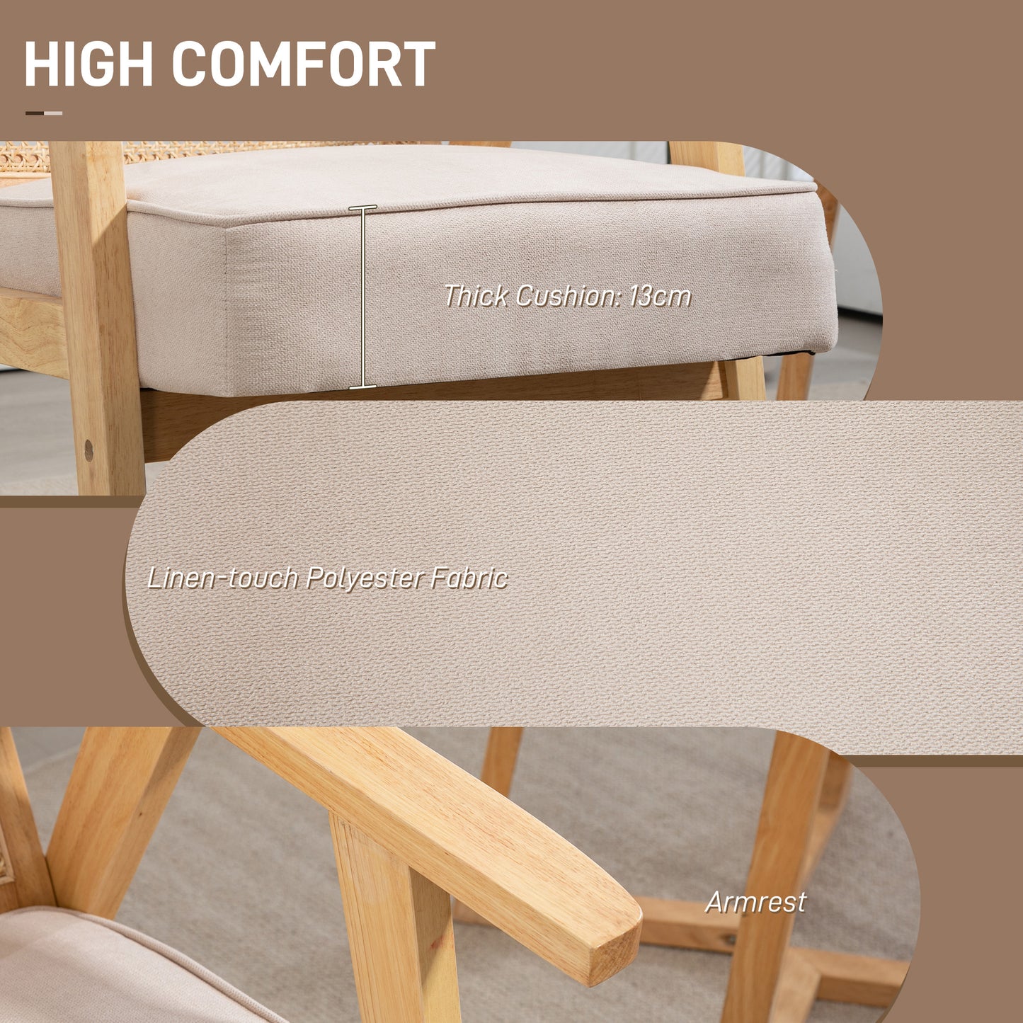 HOMCOM Bohemian Armchair, Fabric Seat, Rattan Back, Rubber Wood Frame, Natural Finish