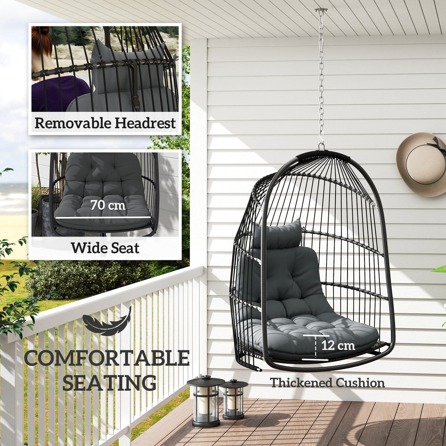 Outsunny Hanging Egg Chair Indoor Outdoor Rattan Swing with Installation Kit, Foldable Seat, Thickened Cushion & Headrest, Dark Grey