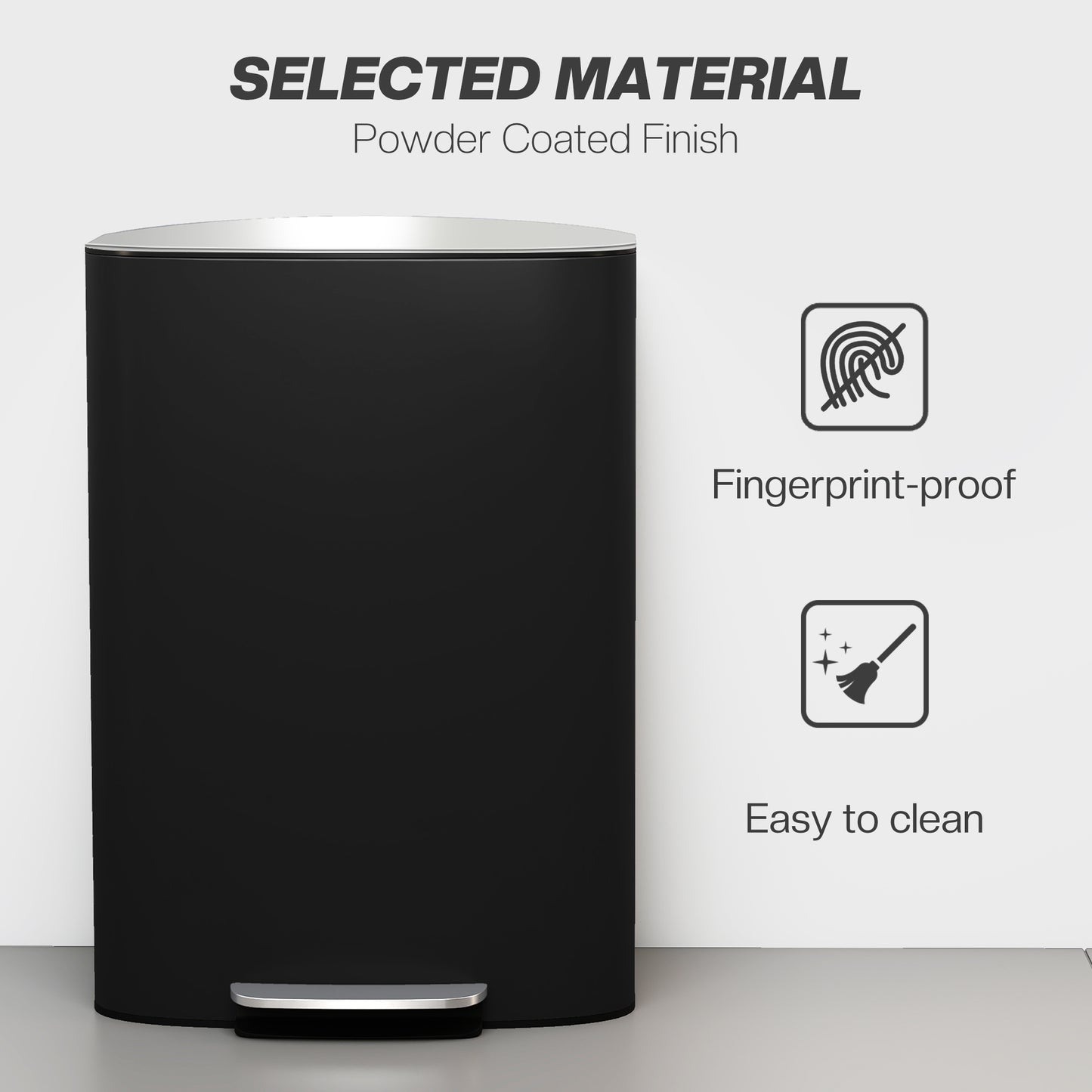 HOMCOM 50L Kitchen Bin with Soft-Close Lid, Stay-Open Function, Removable Inner Bucket, Carry Handle, Stainless Steel Pedal Bin, Black
