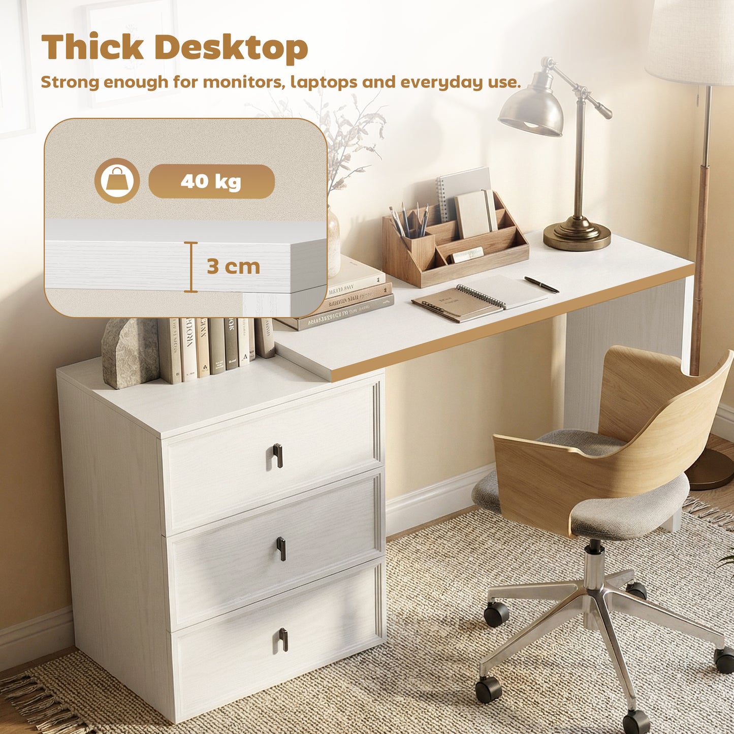 HOMCOM L Shaped Computer Desk with 3 Drawers, 163 x 39 cm Corner Desk, Thick Tabletop, Office Table, White Wood Effect