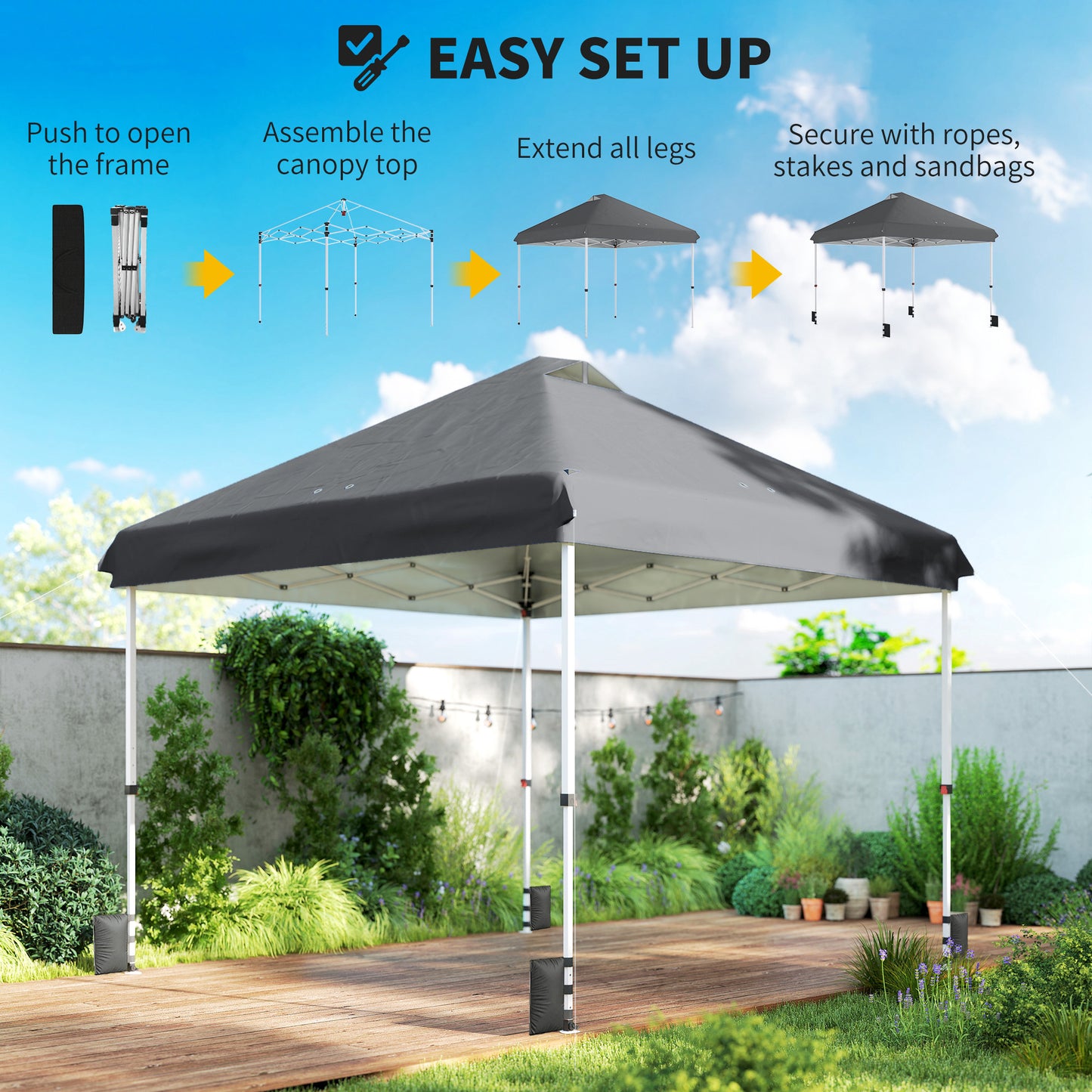 Outsunny 3 x 3 m Pop Up Gazebo with Wheels, UPF50+ One-Touch Outdoor Garden Party Tent Marquee Wedding Awning Canopy, Dark Grey