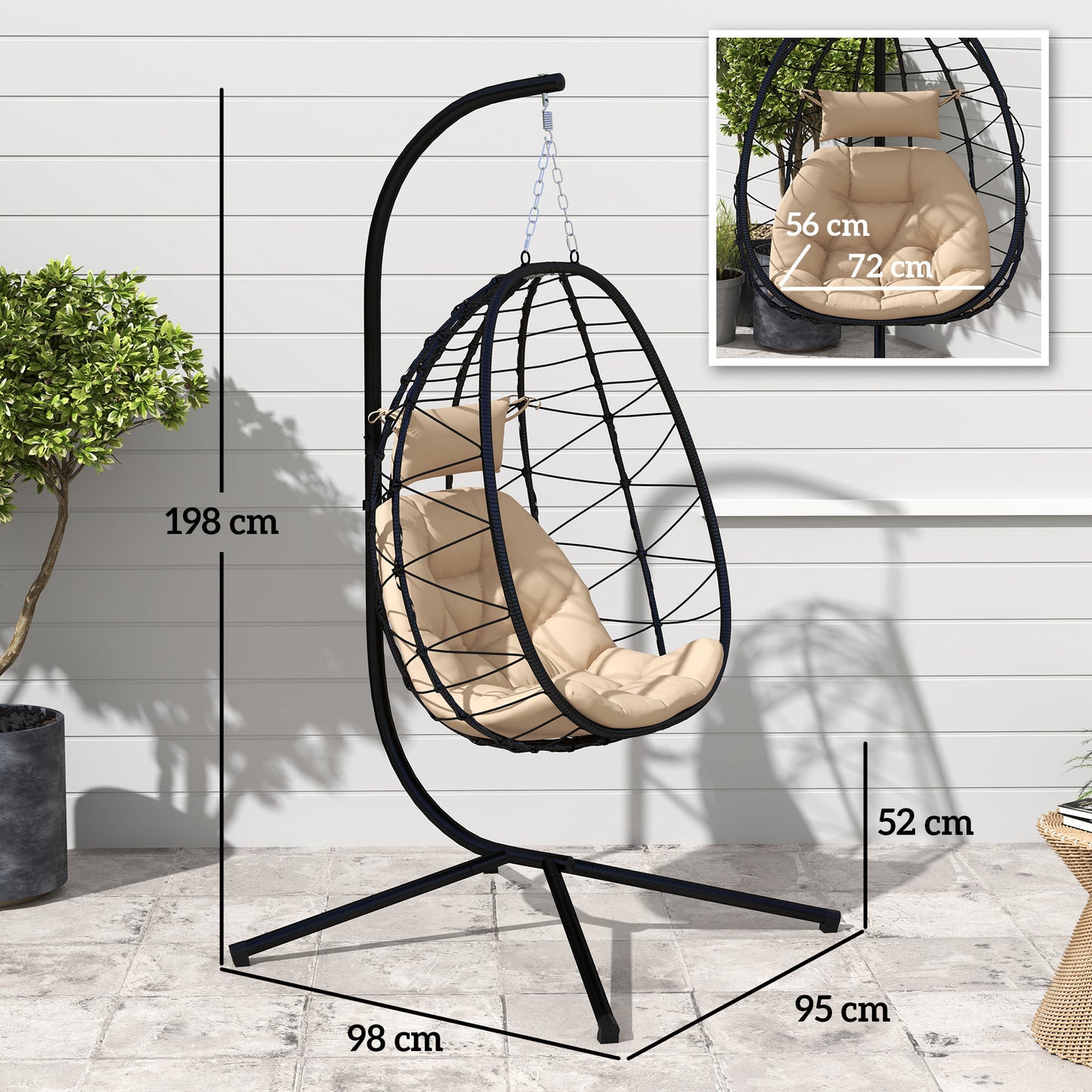 Outsunny Hanging Egg Chair Indoor/Outdoor Swing with Stand, Thick Cushion, Headrest, Khaki