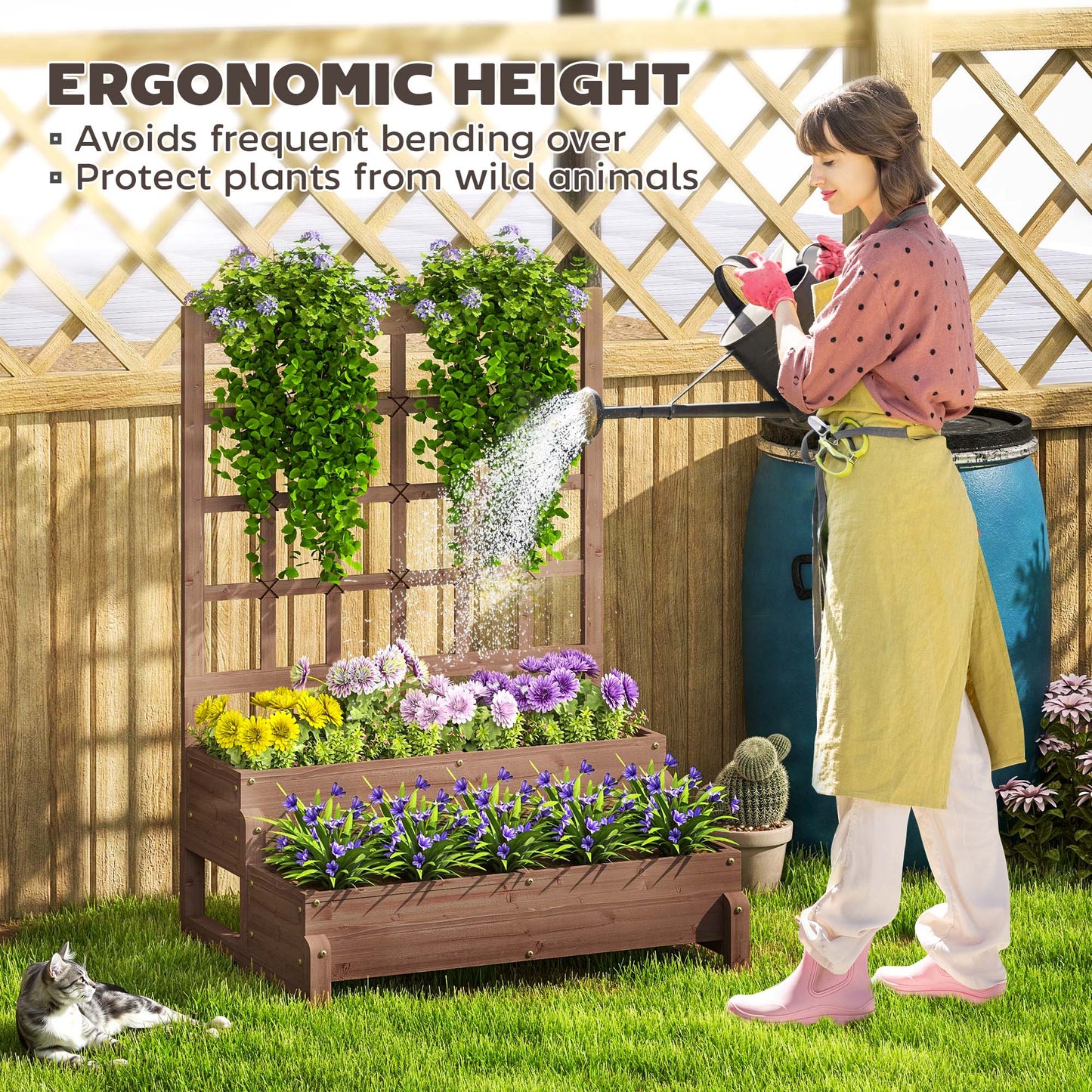 Outsunny 2-Tier Raised Garden Bed with Trellis, Wooden Elevated Planter Box with Drainage for Plants, Fruits, Vegetables, Flowers, Brown