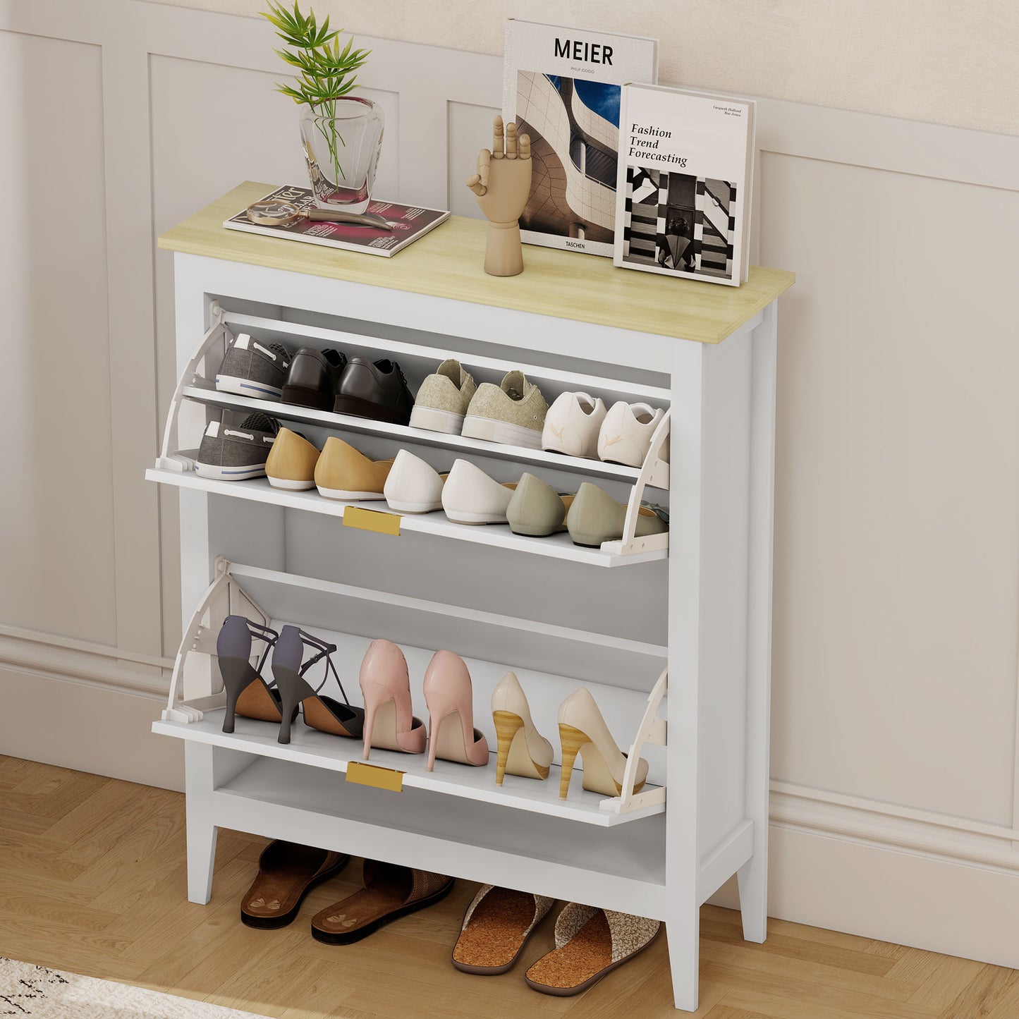 HOMCOM Shoe cabinet 14 pairs boho with 2 flip-down drawers, rattan cane-effect doors, 80 x 24 x 95.5 cm, White