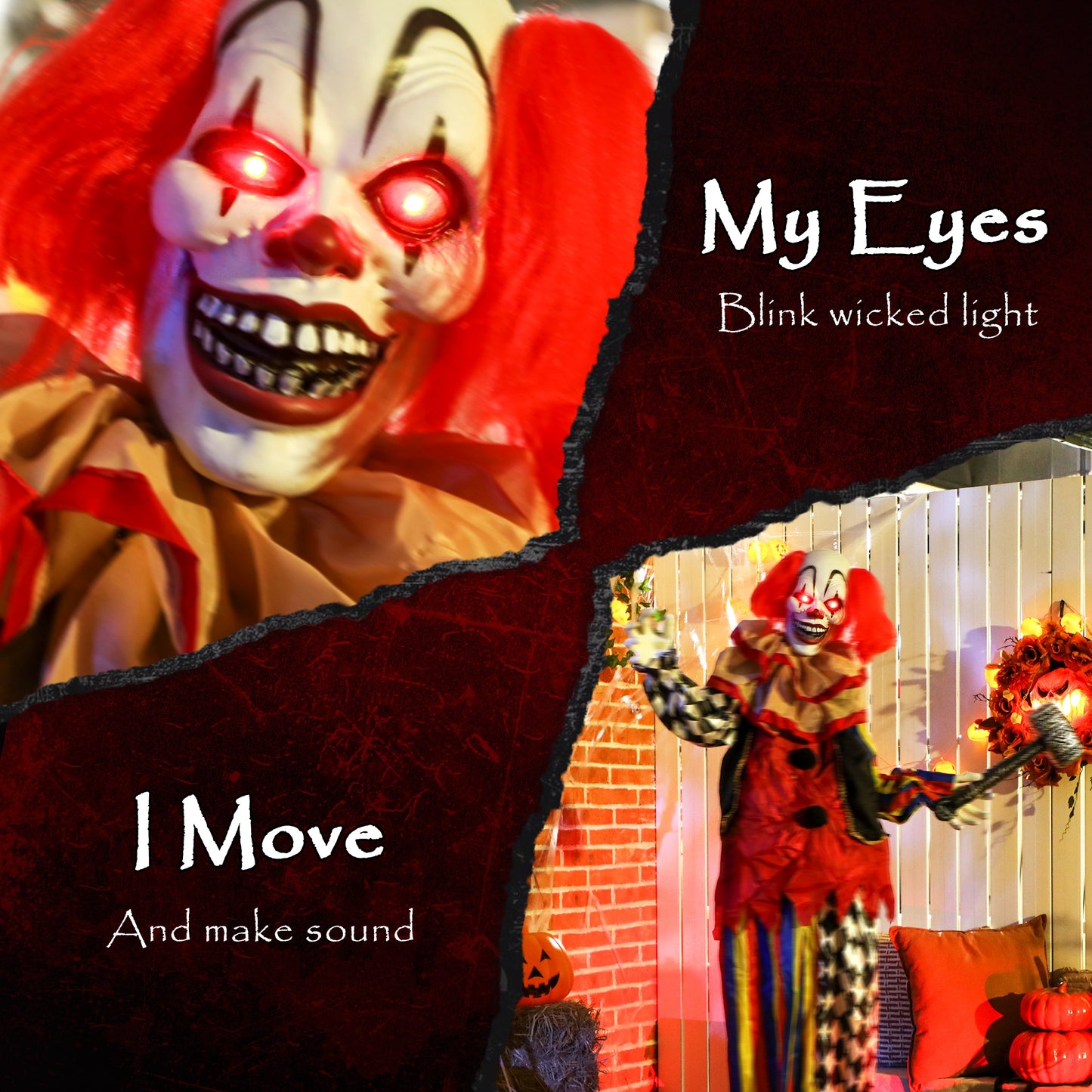 Outsunny Life Size Halloween Animated Clown with Red Light Up Eyes, Sound Activated Moving Arms & Head, Battery Operated Indoor Prop, 173 cm, Red