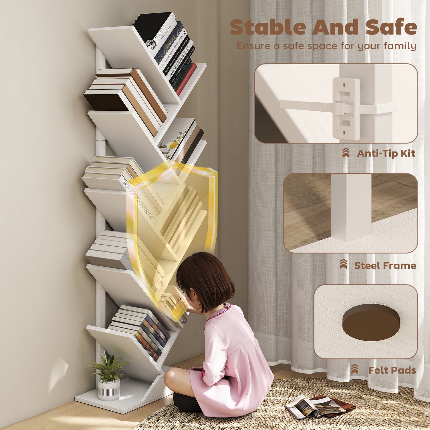 HOMCOM 9-Tier Tree Bookshelf, Industrial Free Standing Bookcase with Steel Frame, Display Storage White