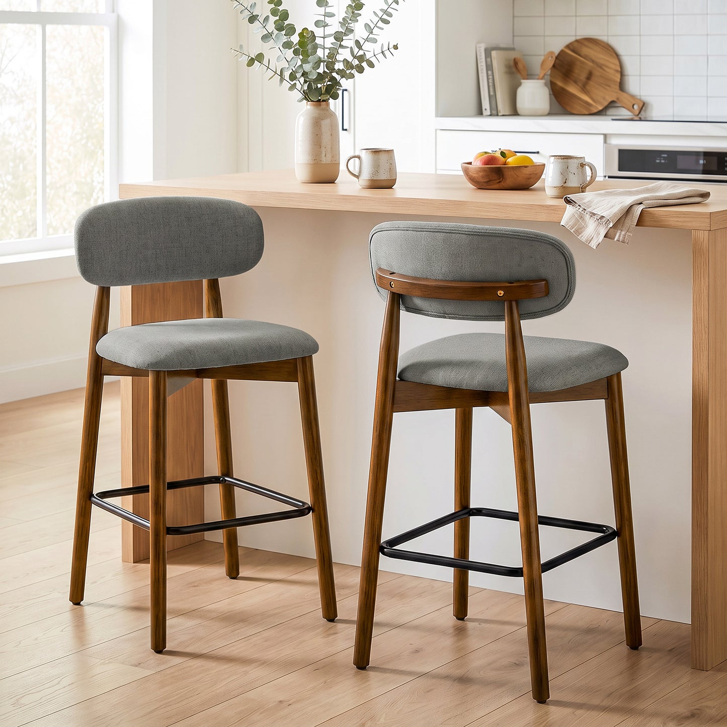 HOMCOM Bar Stools Curved Open Back Padded Seat Footrest Set of 2 for Kitchen Grey