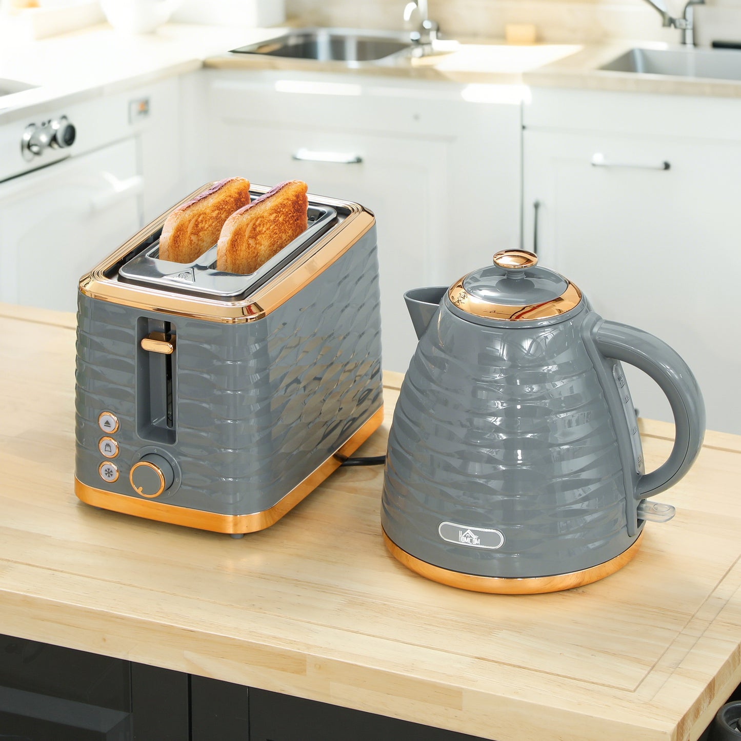 HOMCOM 3000W 1.7L Rapid Boil Kettle & 2 Slice Toaster, Kettle and Toaster Set with 7 Browning Controls and Crumb Tray, Grey