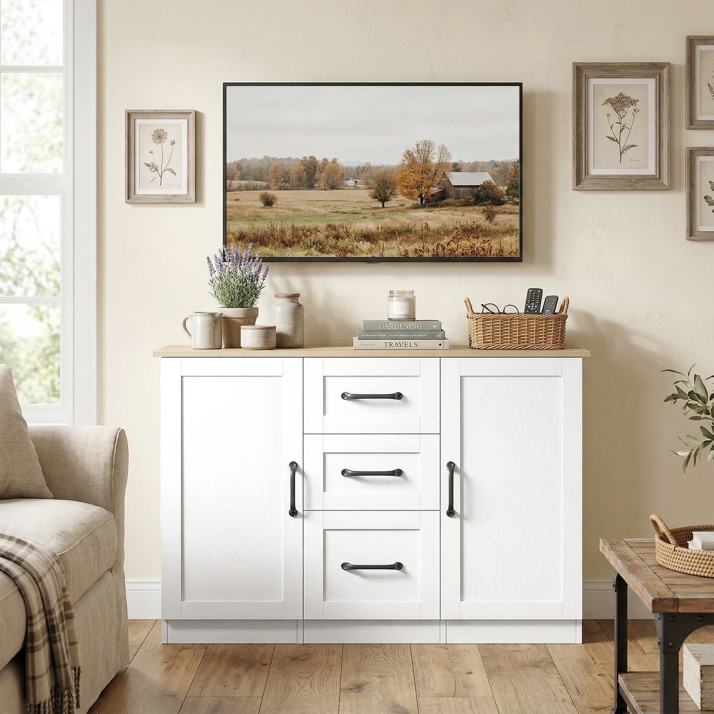 HOMCOM Sideboard Storage Cabinet, Modern 110 cm Buffet Storage Cabinet with 3 Drawers and 2 Soft Close Doors, White