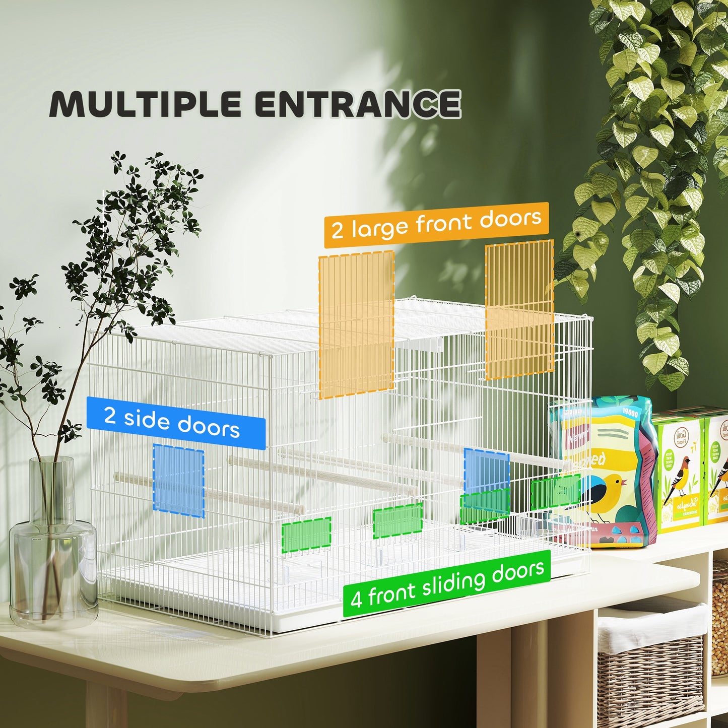 PawHut Bird Cage with Divider, 4 Wooden Perches, Slide Out Tray, 4 Feeders, for Budgie, Lovebird, Canary, 76 x 46 x 46cm, White