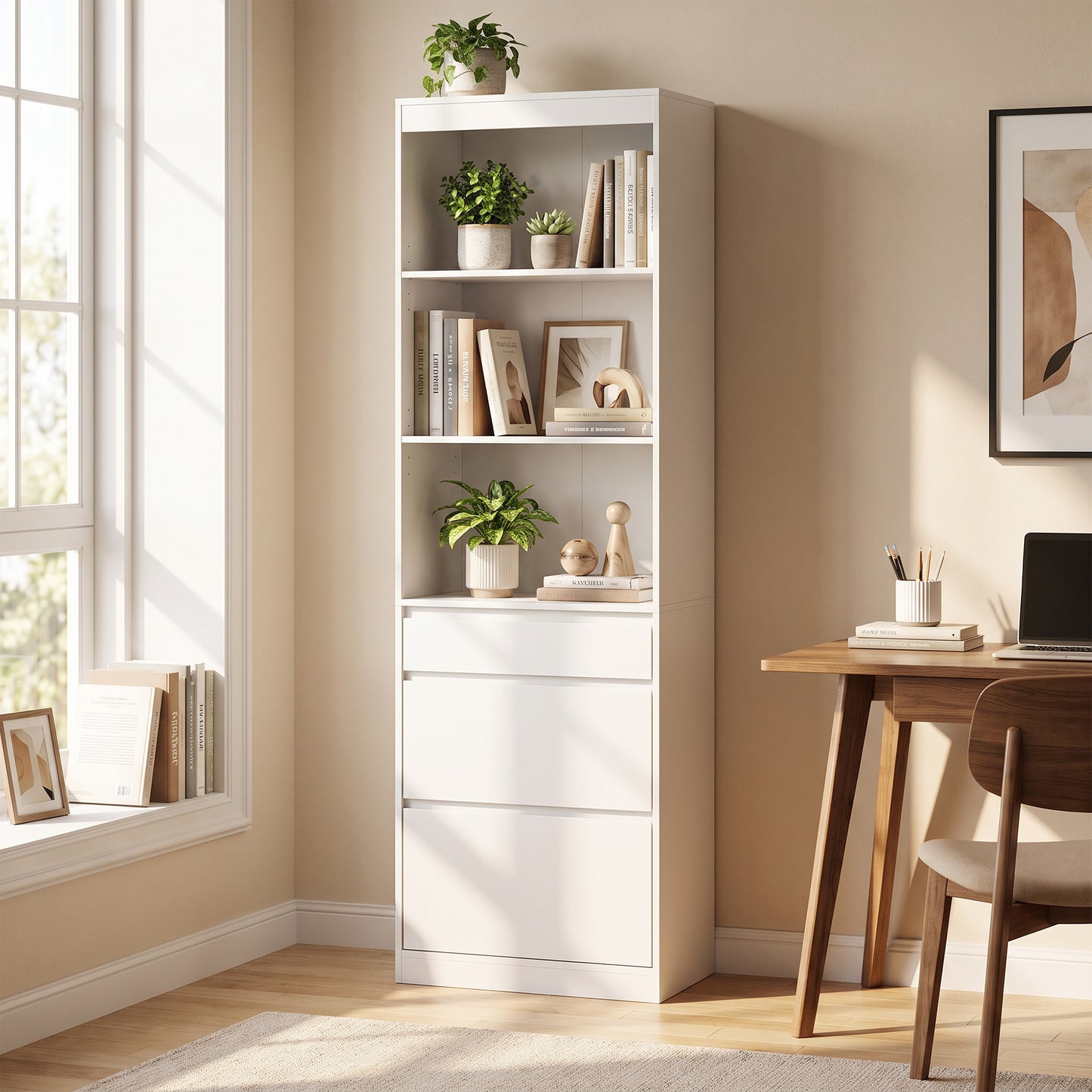 HOMCOM Bookcase with Drawers Adjustable Shelves Book Shelf for Study Living Room White